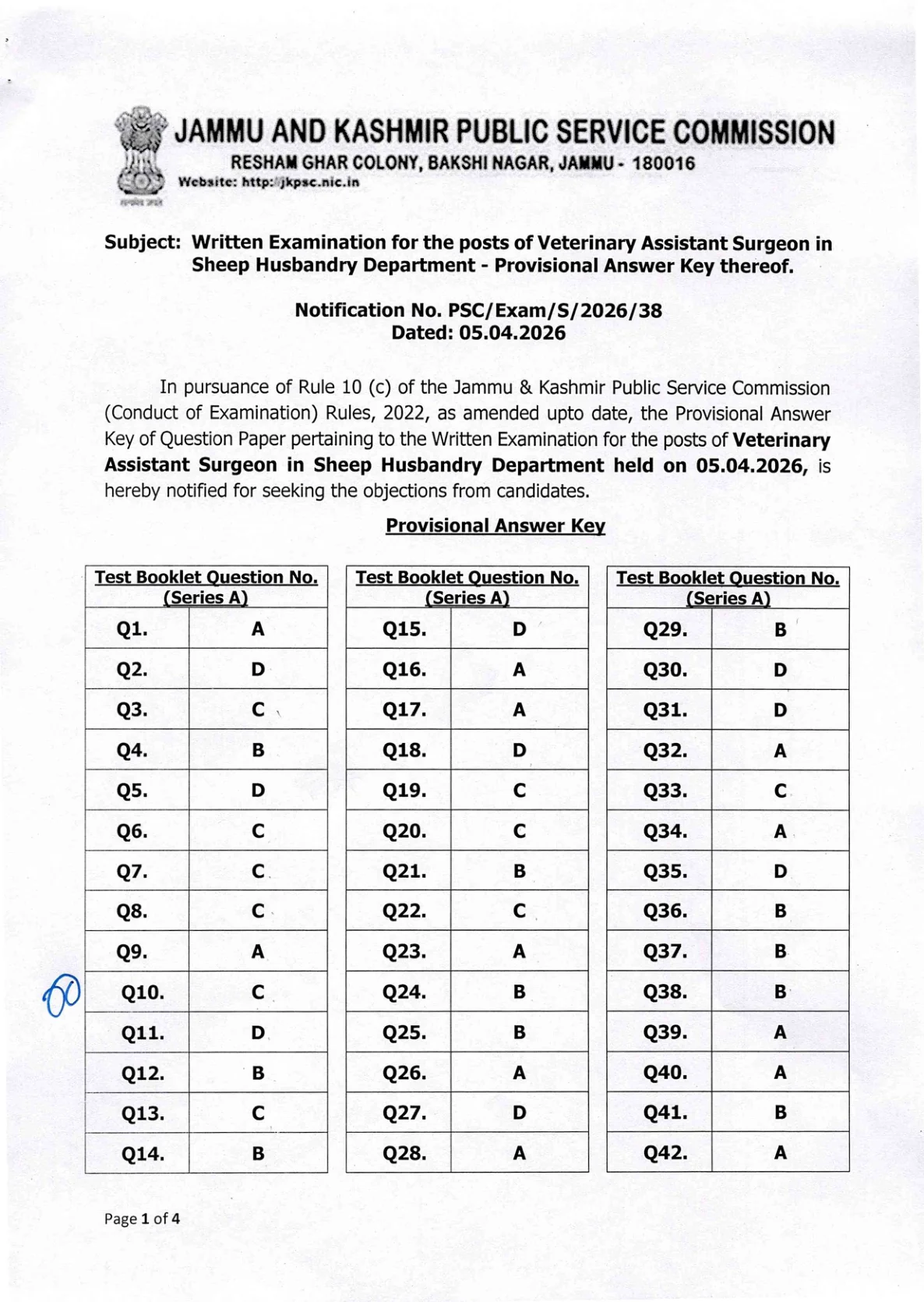 Official Answer Key Link for JKPSC Veterinary Assistant Surgeon Answer Key 2026 OUT - Download PDF, Response Sheet & Objection Link