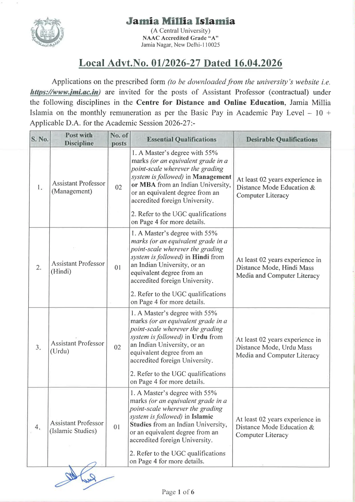 Official Recruitment Notification for JMI Assistant Professor Offline Recruitment 2026 for 20 Posts: Last Date, Eligibility, Fee and Application Process