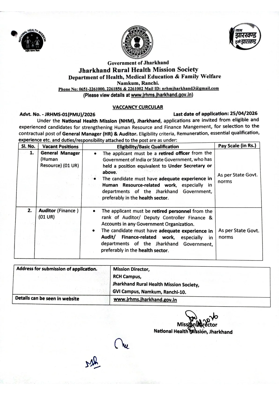 Official Recruitment Notification for JRHMS Recruitment 2026 - Apply Offline for General Manager, Auditor Posts