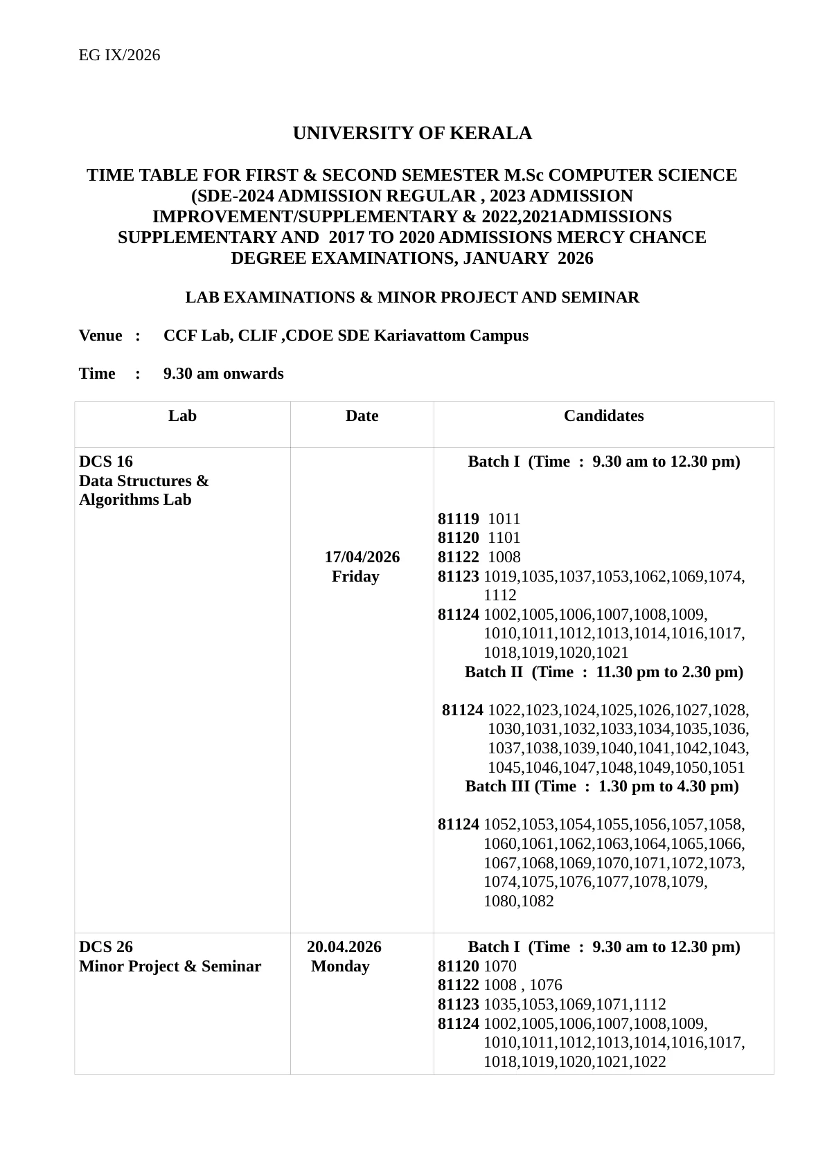 Official Admit Card Link for Kerala University M.Sc Time Table 2026 Out - Download PDF & Exam Dates at keralauniversity.ac.in