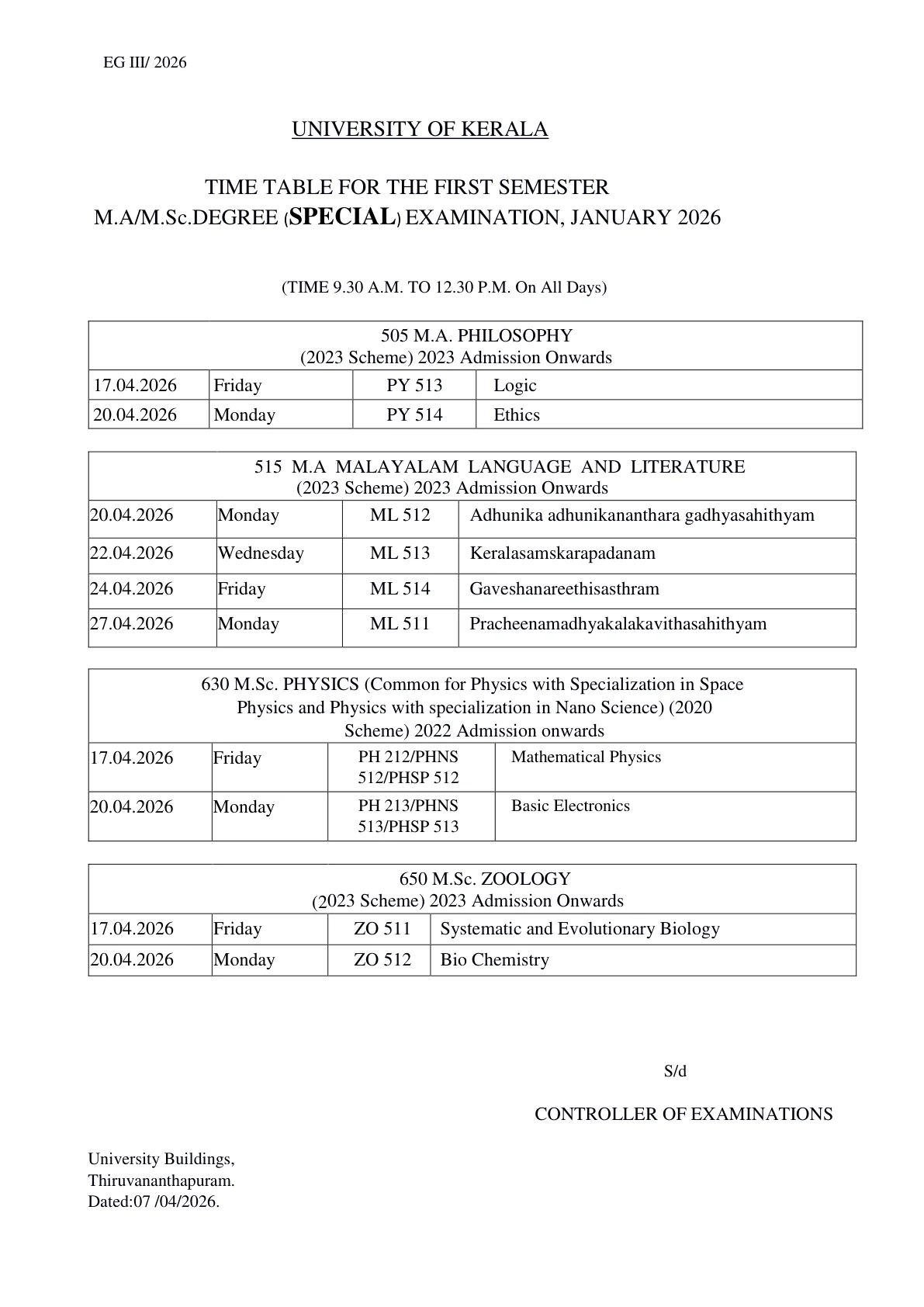 Official Exam Notice for Kerala University Time Table 2026 Announced – M.A/ M.Sc 1st Semester Exam Dates @ keralauniversity.ac.in