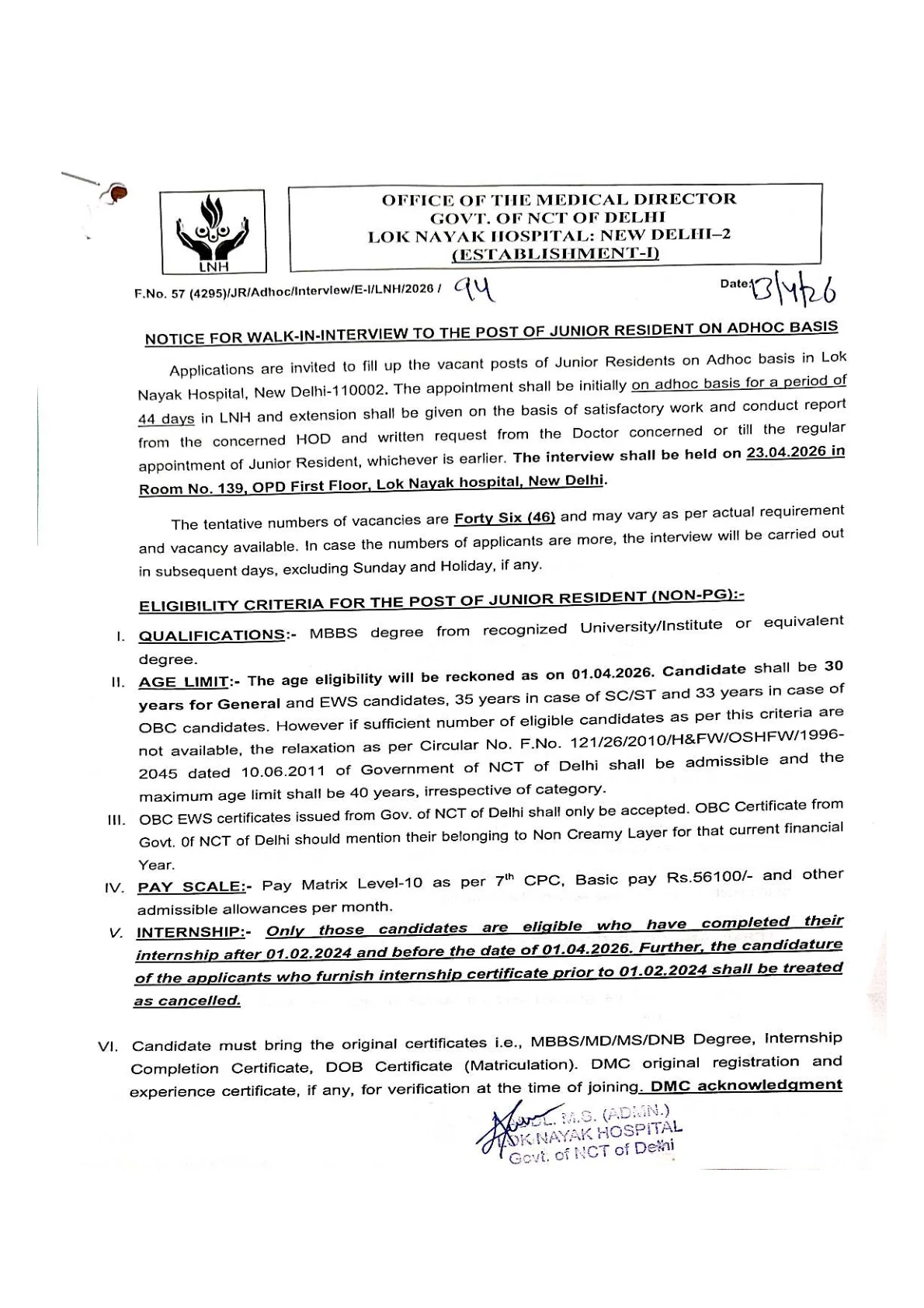 Official Recruitment Notification for Lok Nayak Hospital Junior Residents Offline Recruitment 2026 for 46 Posts