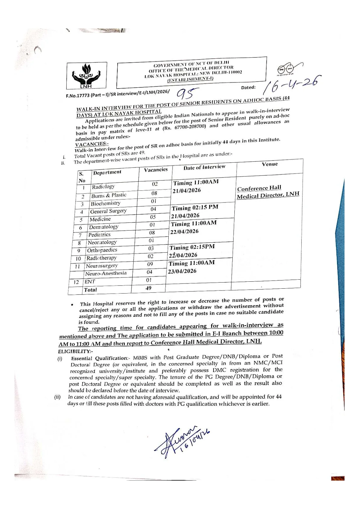 Official Recruitment Notification for Lok Nayak Hospital Recruitment 2026: Walk-in for 49 Senior Resident Posts