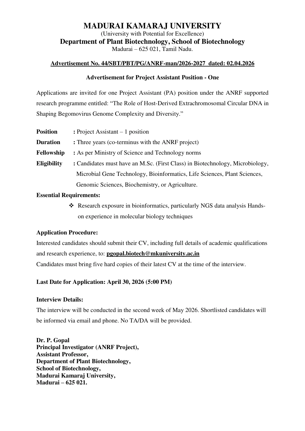 Official Recruitment Notification for Madurai Kamaraj University Project Assistant Recruitment 2026 - Apply Online