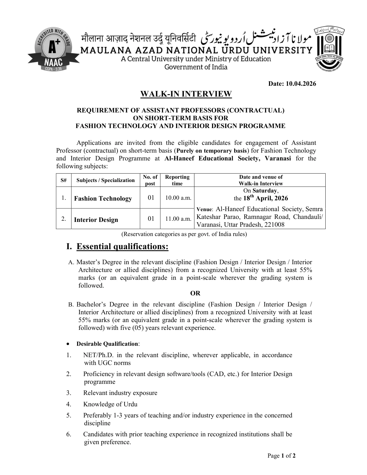Official Recruitment Notification for MANUU Recruitment 2026 - Walkin for Assistant Professor Posts