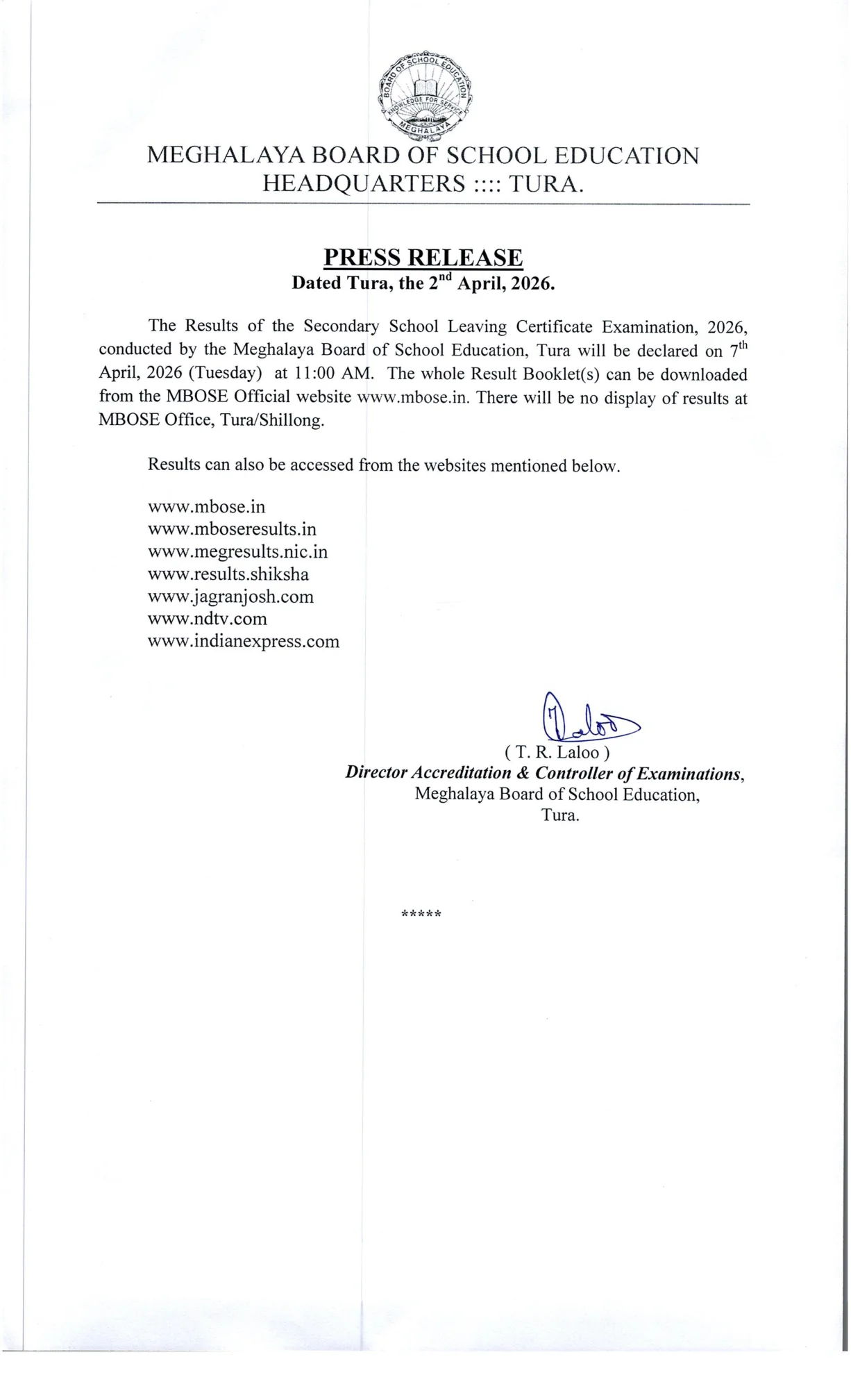 Official Recruitment Notification for MBOSE SSLC Result 2026 Declared - Check Meghalaya Board Class 10 Result Online at mbose.in