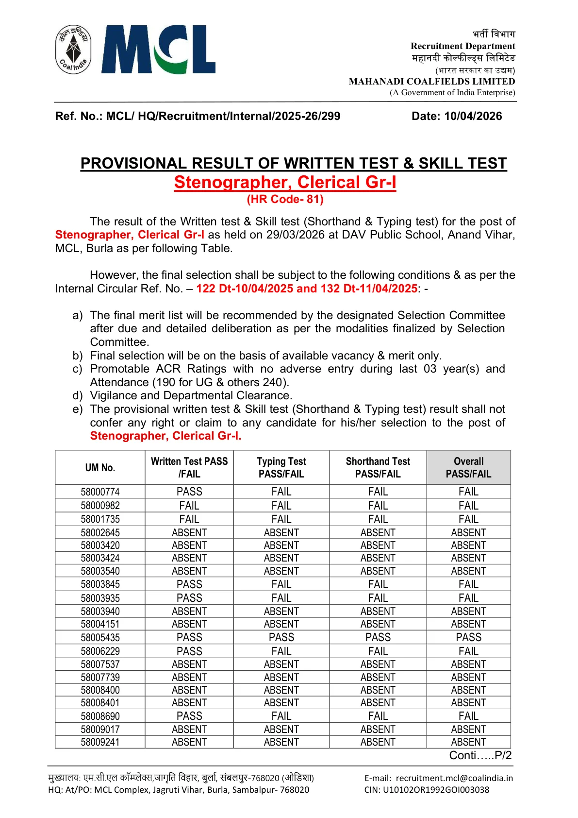 Official Scorecard Link for MCL Result 2026 OUT For Stenographer & Clerical Gr I (Direct Link) - Download Scorecard @ mahanadicoal.in