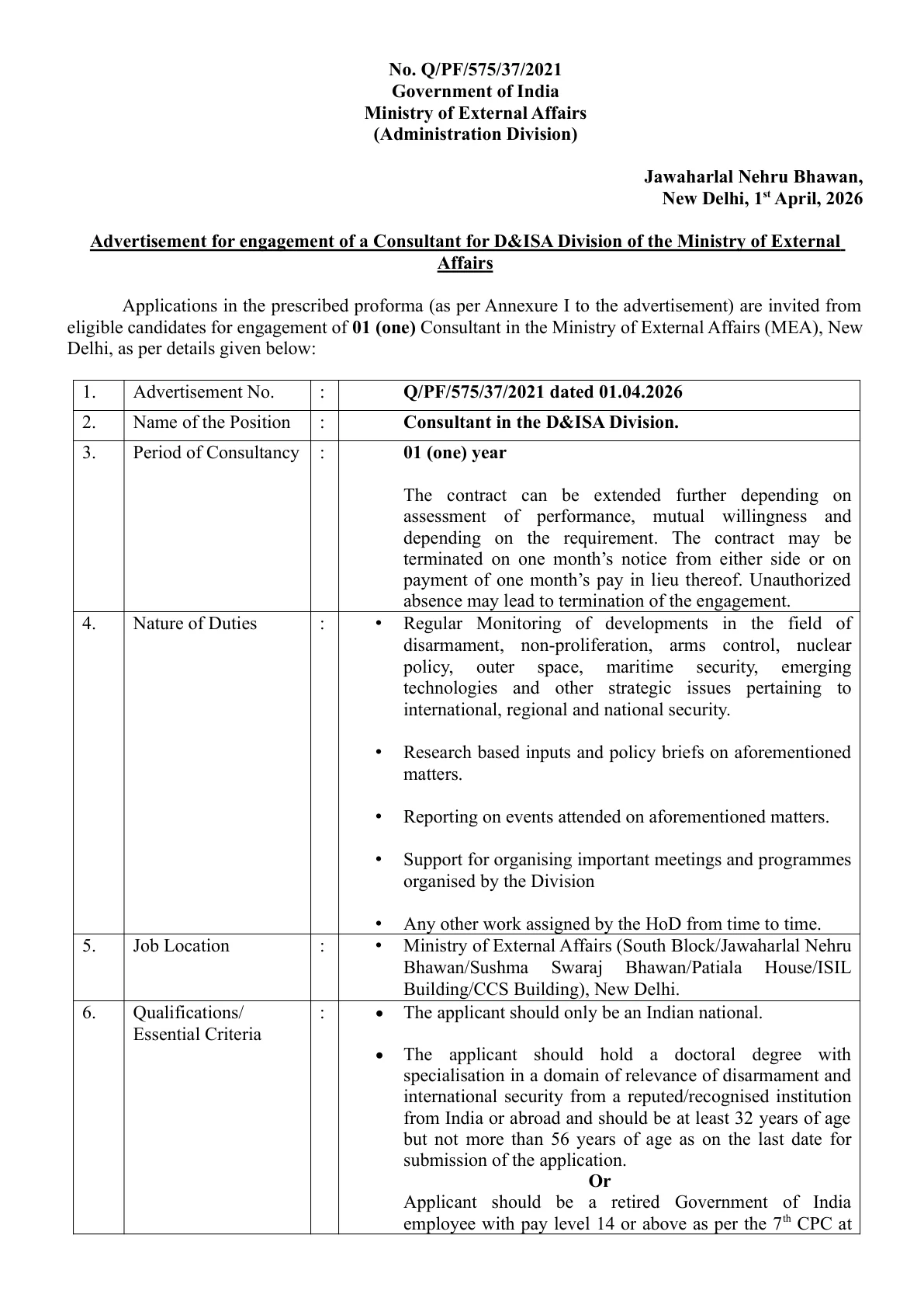 Official Recruitment Notification for MEA Consultant Recruitment 2026 - Apply Offline
