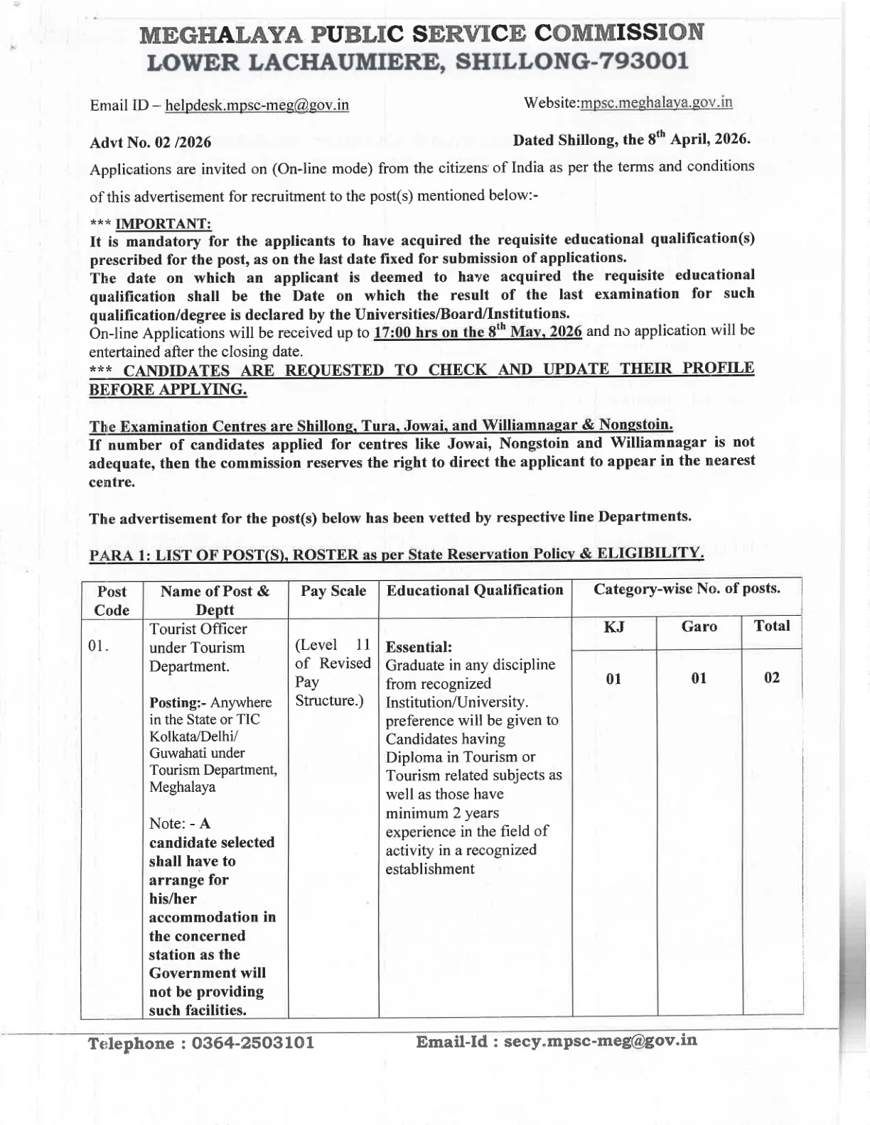 Official Recruitment Notification for Meghalaya PSC Recruitment 2026 - Apply Online for Tourist Officer, Draftsman Posts