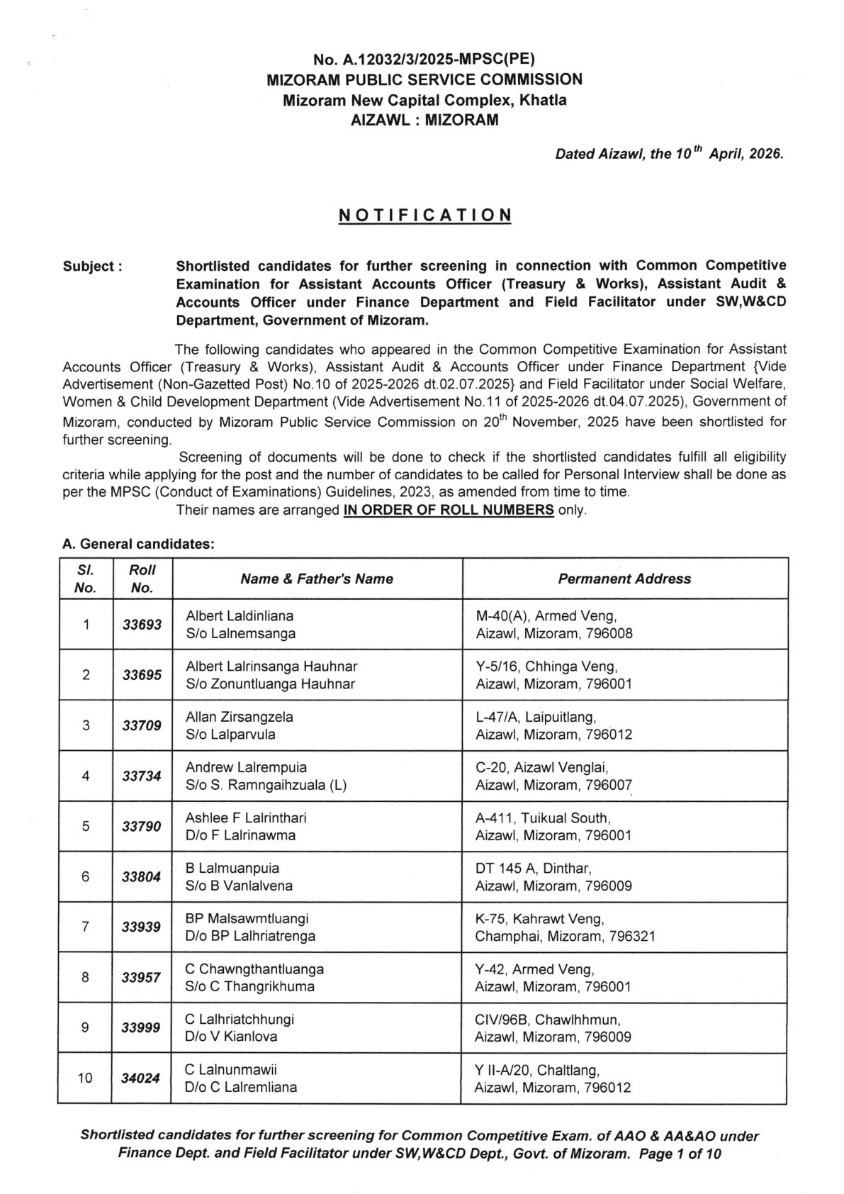 Official Admit Card Link for Mizoram PSC AAO & AA & AO Shortlisted Candidates List 2026 OUT (Direct Link) - Download PDF @mpsc.mizoram.gov.in