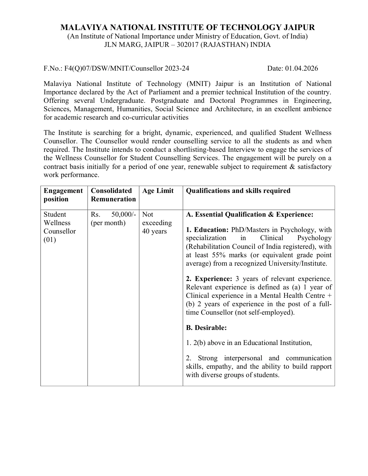 Official Recruitment Notification for MNIT Jaipur Student Wellness Counsellor Recruitment 2026 - Apply Offline