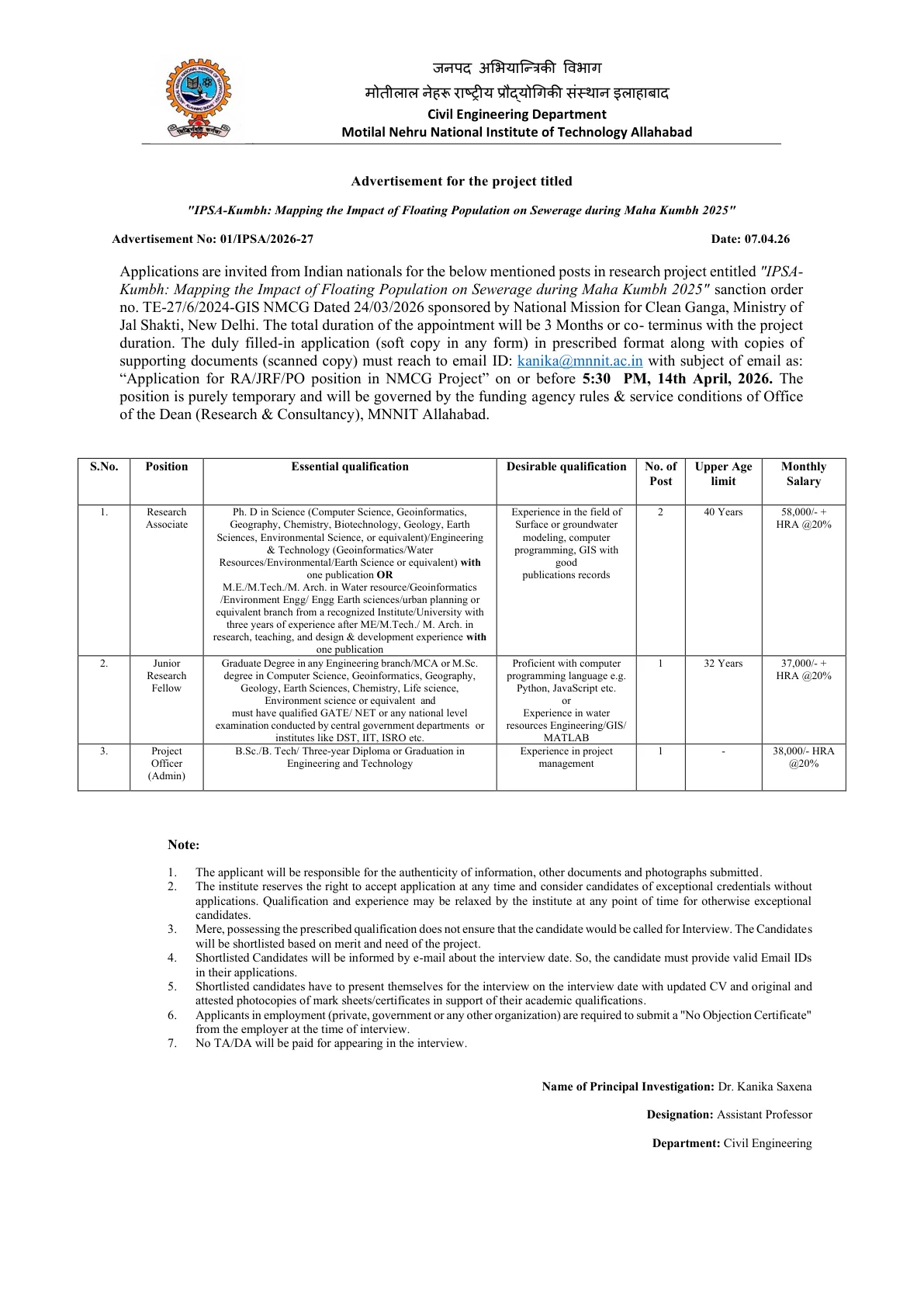 Official Recruitment Notification for MNNIT Allahabad Recruitment 2026 - Apply Online for Research Associate, JRF and More Posts