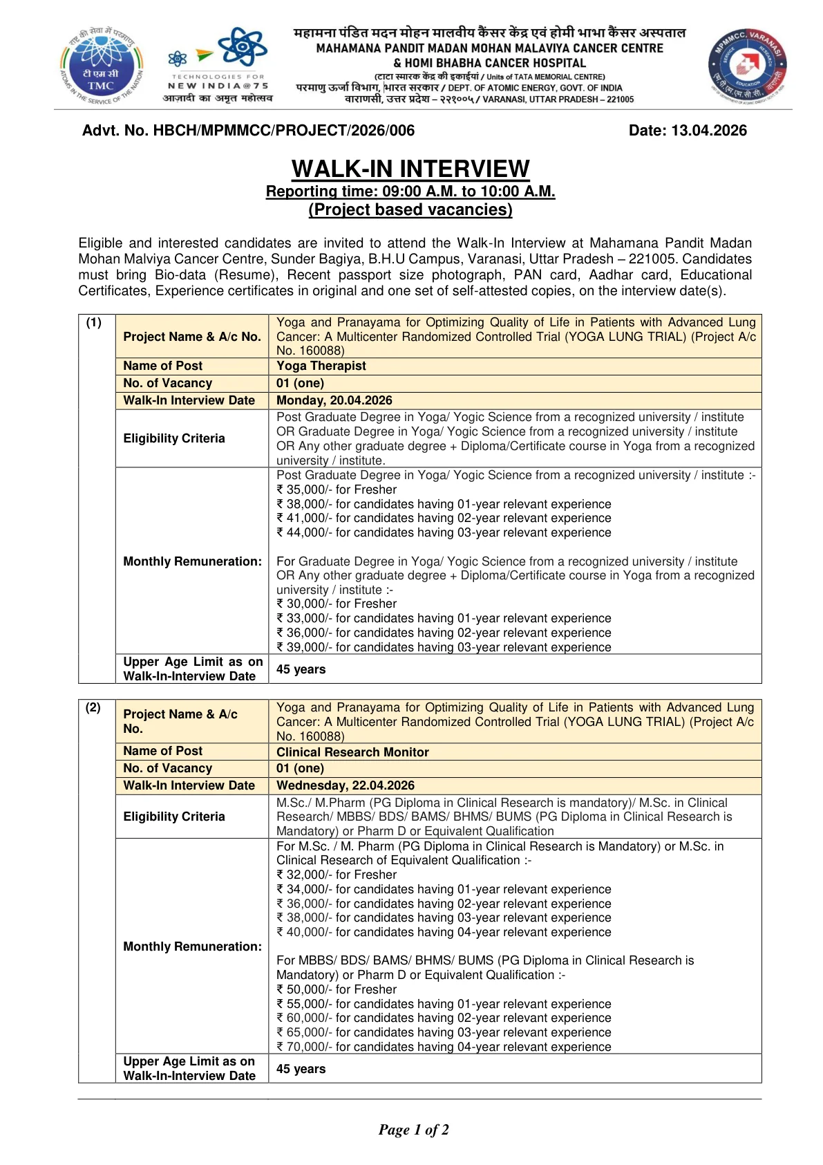 Official Recruitment Notification for MPMMCC Recruitment 2026: Walk-in Dates, Eligibility, Salary and Documents for Research Nurse, Yoga Therapist and Other Posts