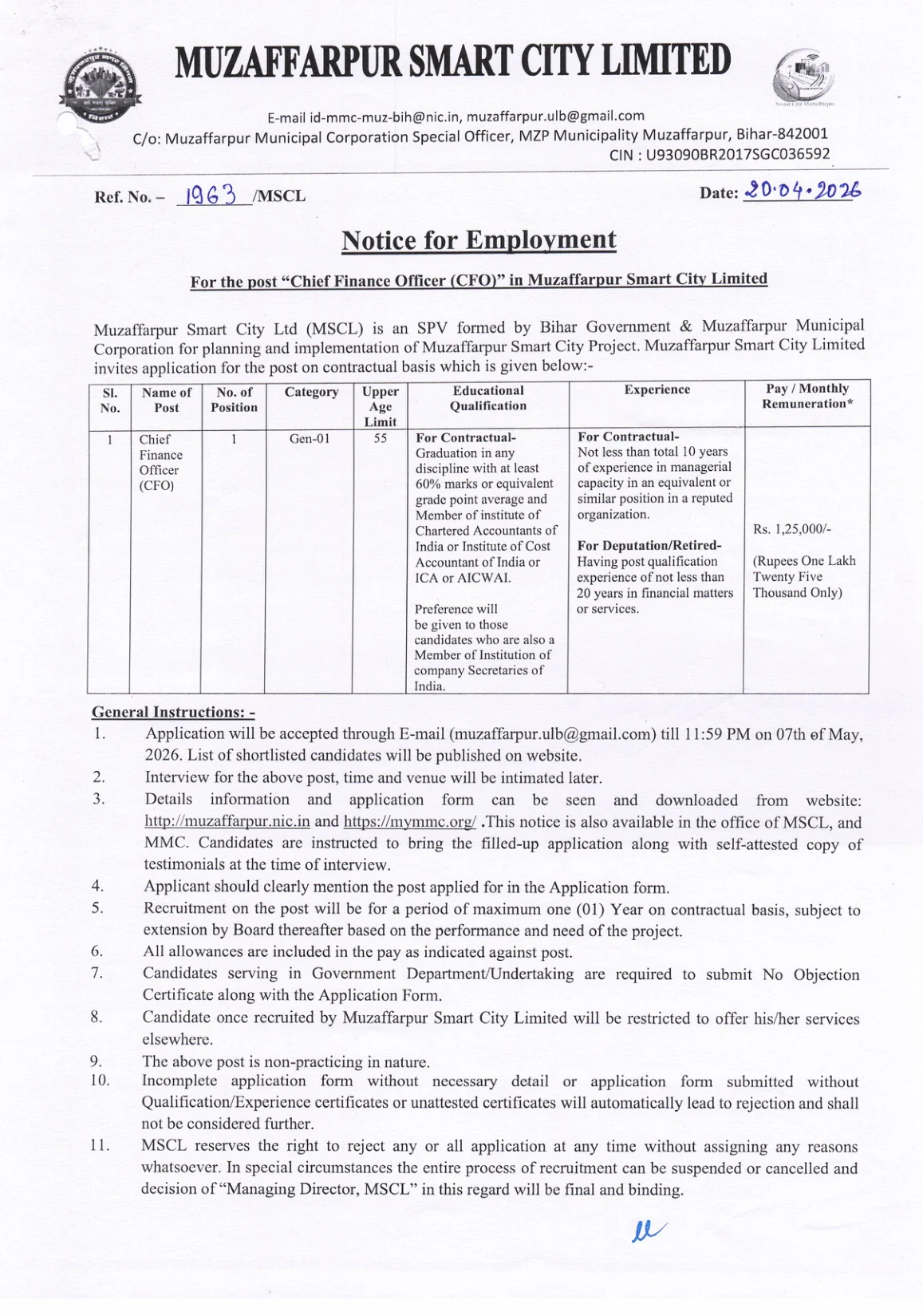 Official Recruitment Notification for MSCL Chief Finance Officer Recruitment 2026: Check Eligibility, Salary, Experience and How to Apply Online