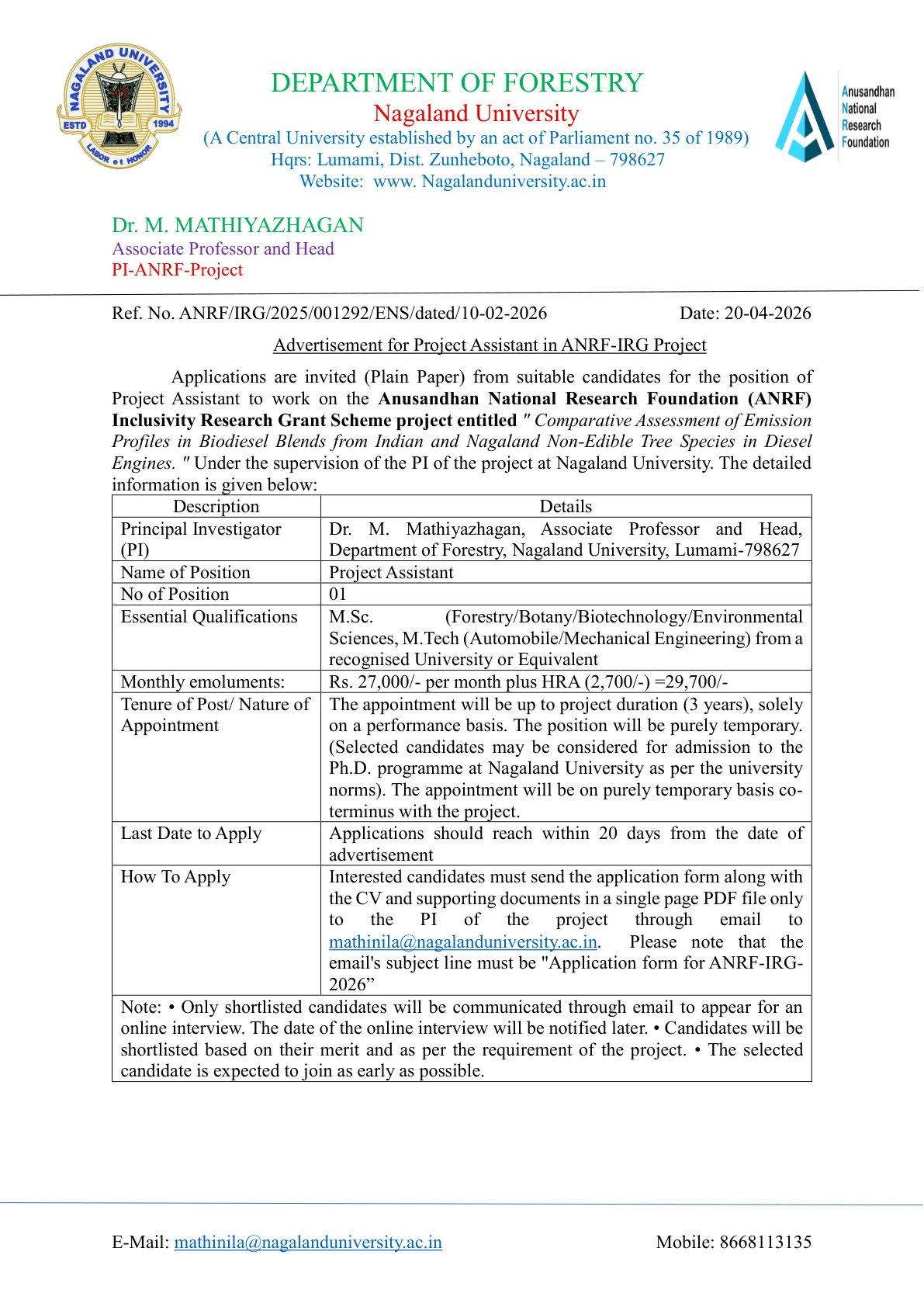 Official Recruitment Notification for Nagaland University Project Assistant Recruitment 2026: Eligibility, Salary, Last Date and How to Apply by Email