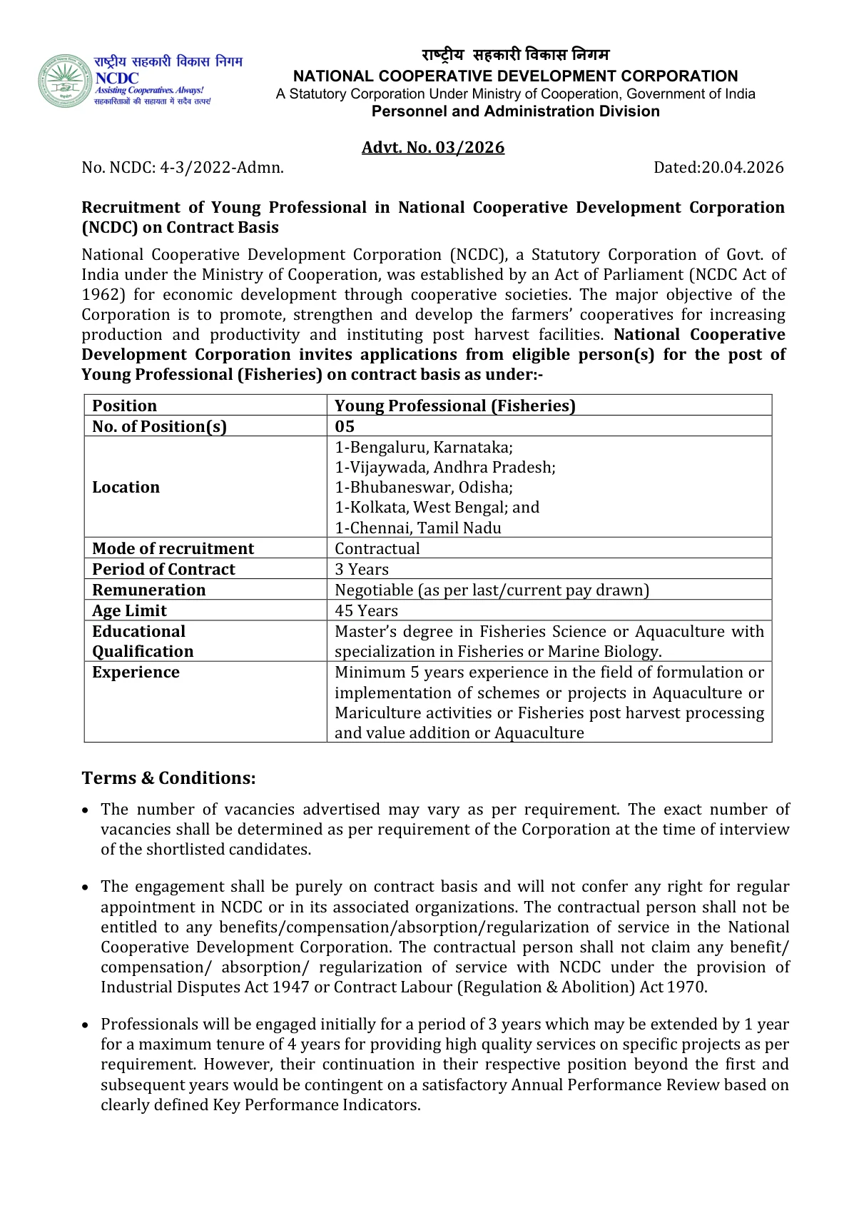 Official Recruitment Notification for NCDC Young Professional (Fisheries) Recruitment 2026: 5 Contract Posts, Eligibility, Locations and How to Apply