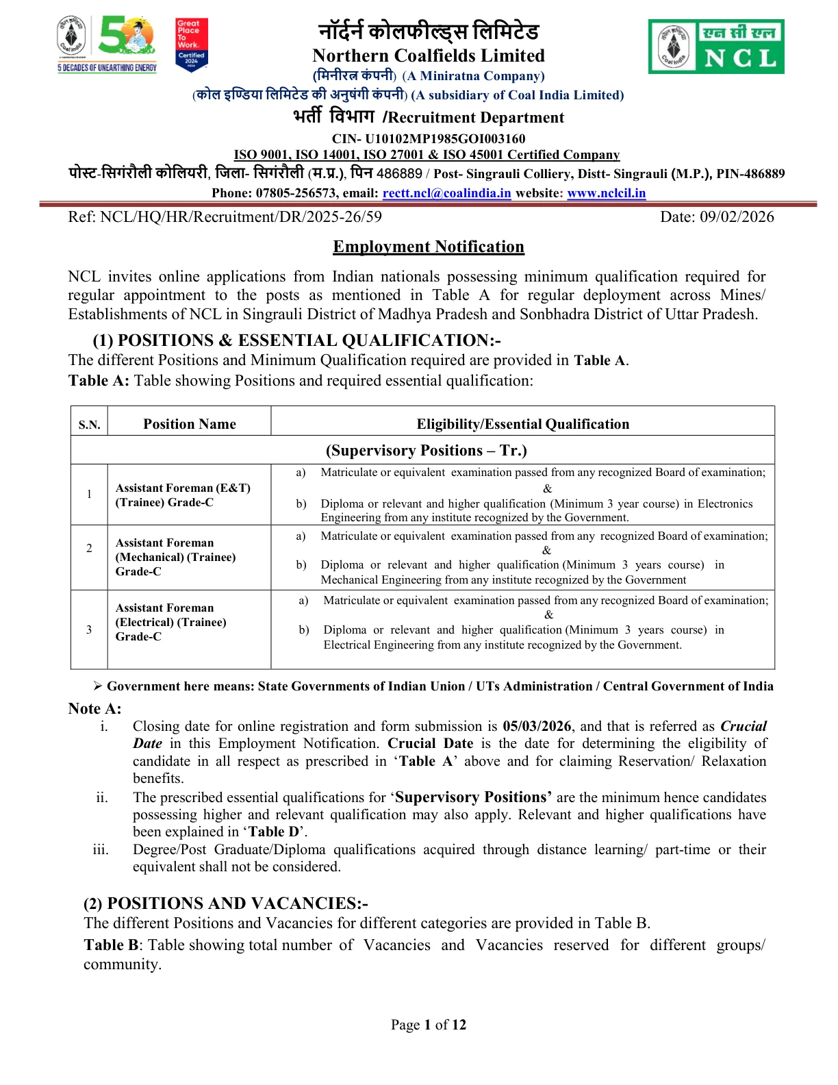 Official Syllabus Link for NCL Assistant Foreman Syllabus 2026: Exam Pattern and Syllabus Topics