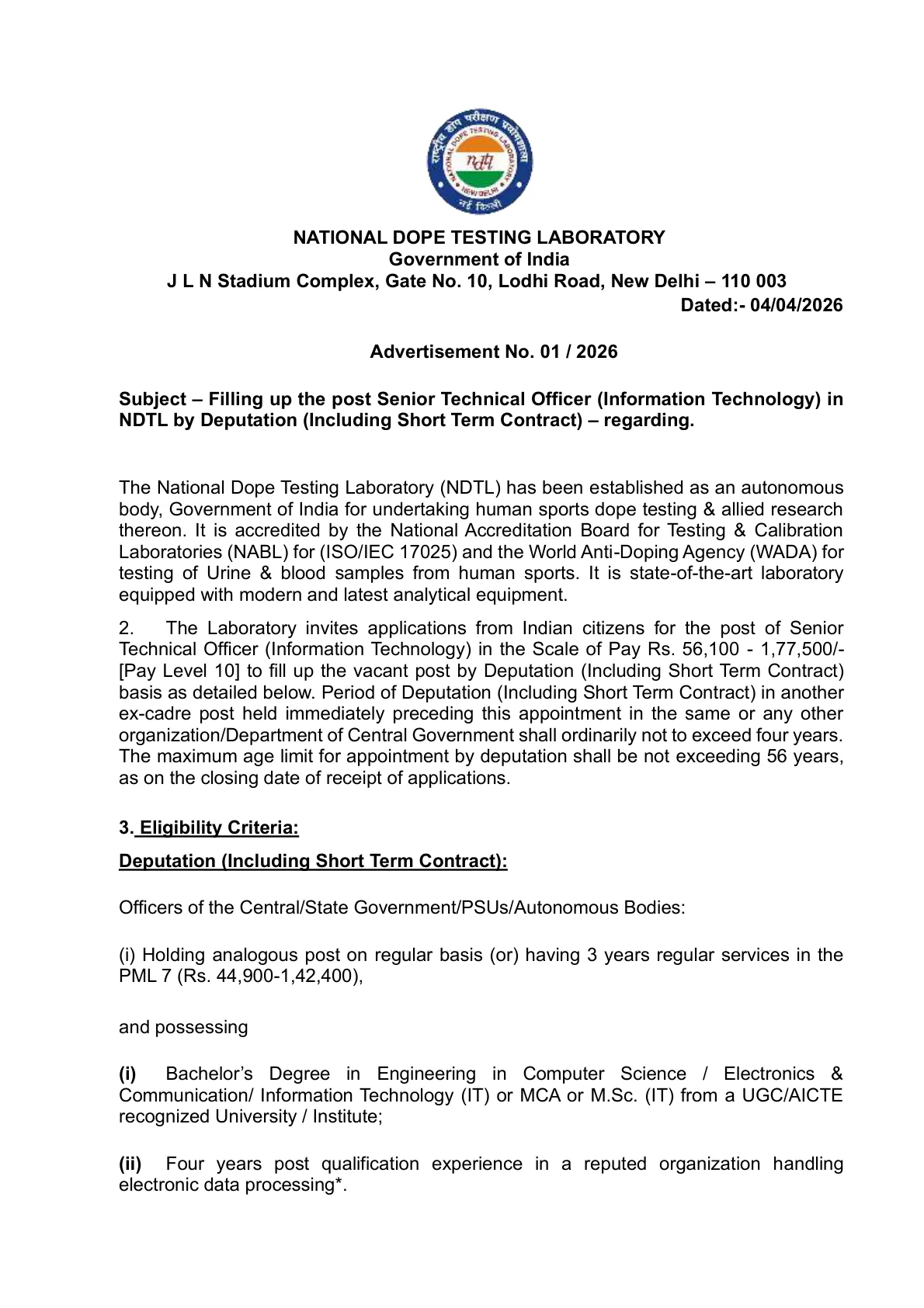 Official Recruitment Notification for NDTL Senior Technical Officer Recruitment 2026 - Apply Offline