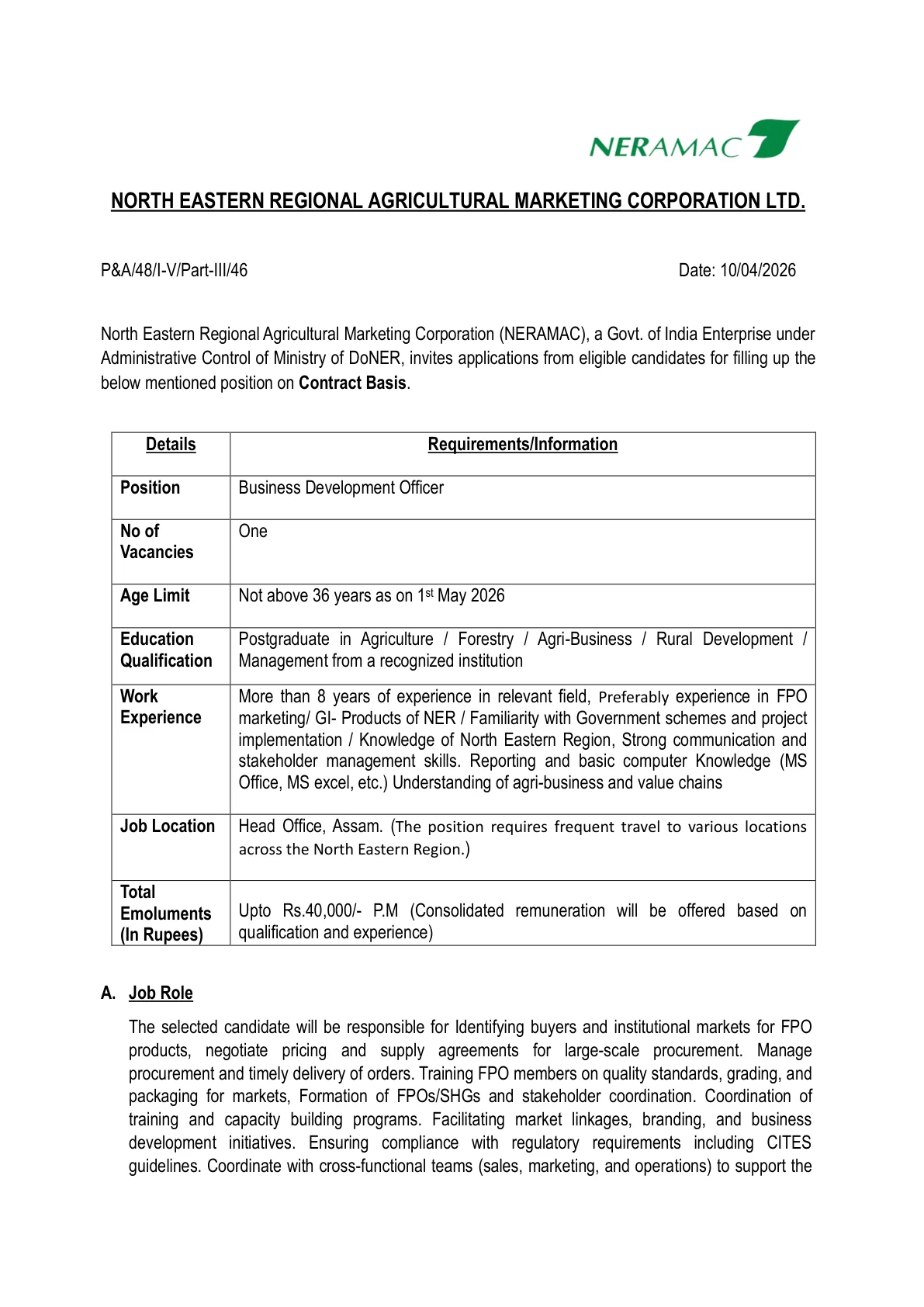 Official Recruitment Notification for NERAMAC Business Development Officer Recruitment 2026: eligibility, last date, and how to apply