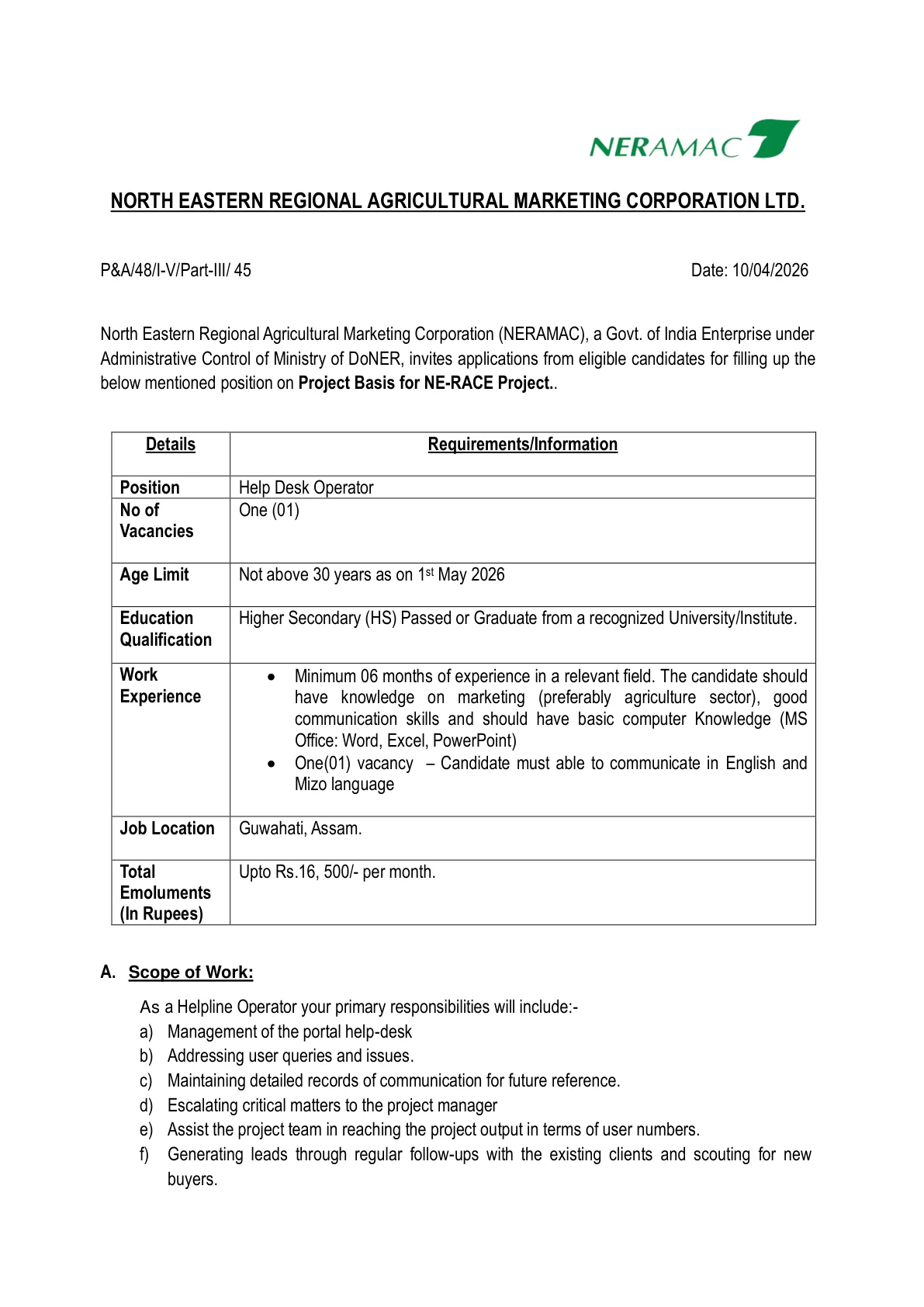 Official Recruitment Notification for NERAMAC Help Desk Operator Recruitment 2026: check eligibility, last date, salary, and how to apply