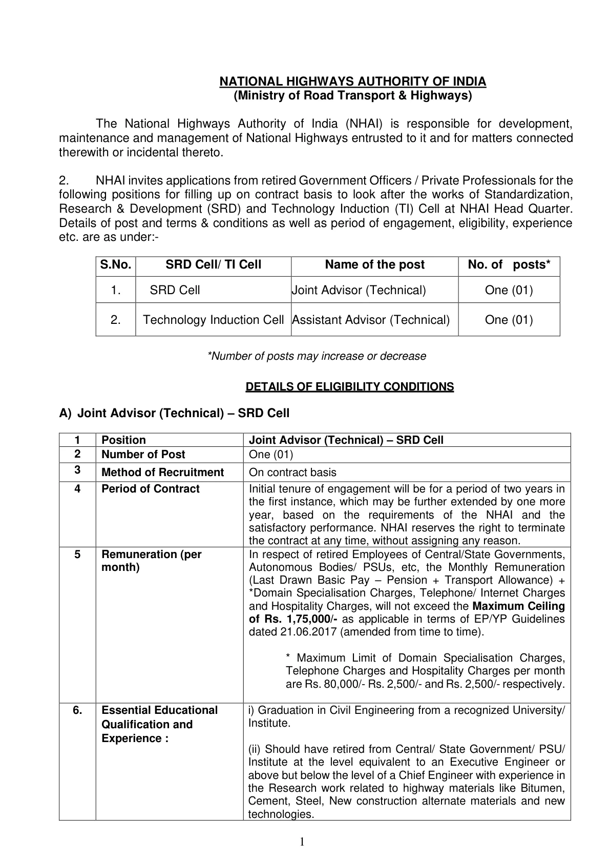 Official Recruitment Notification for NHAI Recruitment 2026 for Joint Advisor and Assistant Advisor Posts