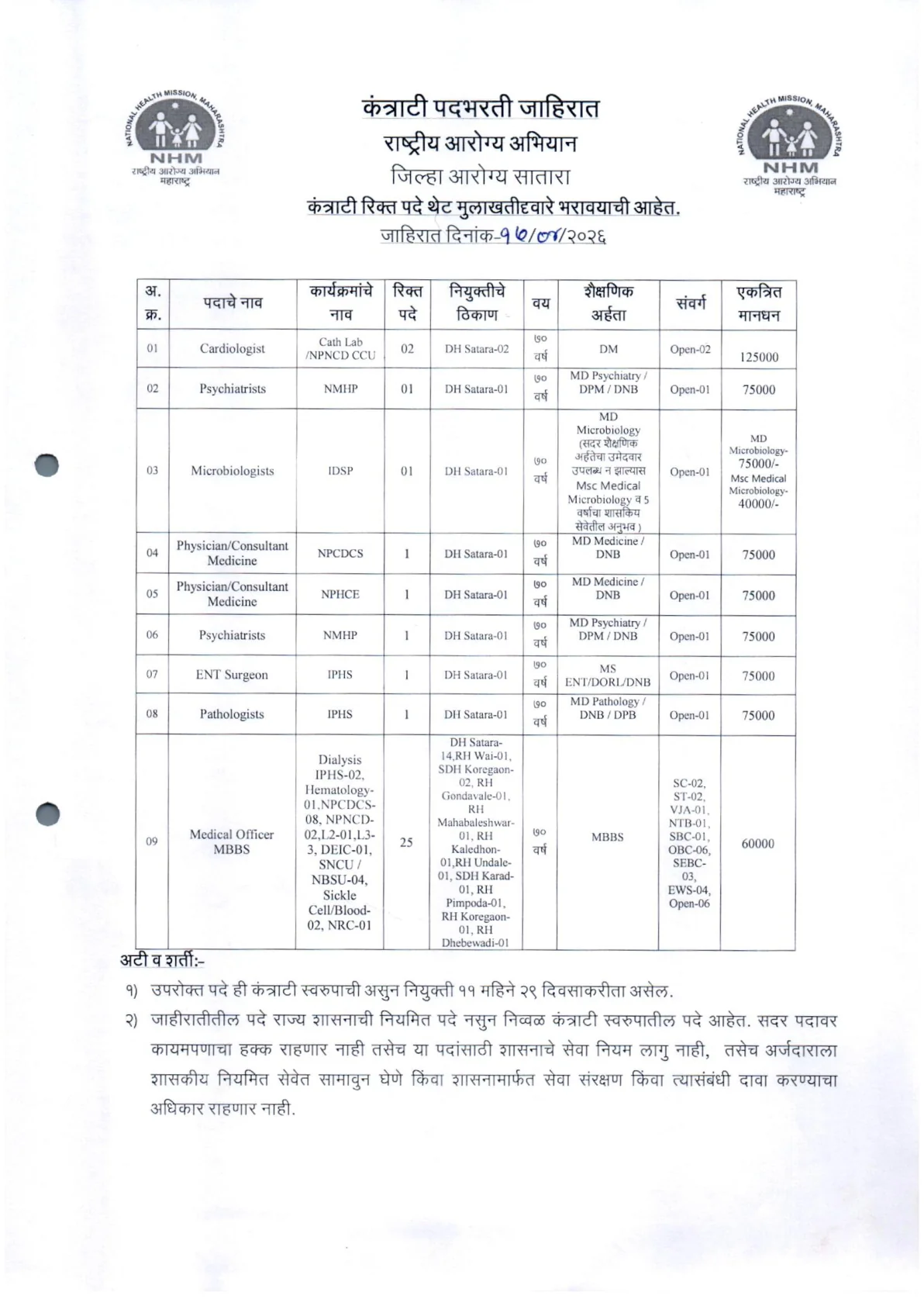 Official Recruitment Notification for NHM Satara Offline Recruitment 2026: Apply for 34 Medical Officer, Cardiologist, Psychiatrist and Other Contract Posts