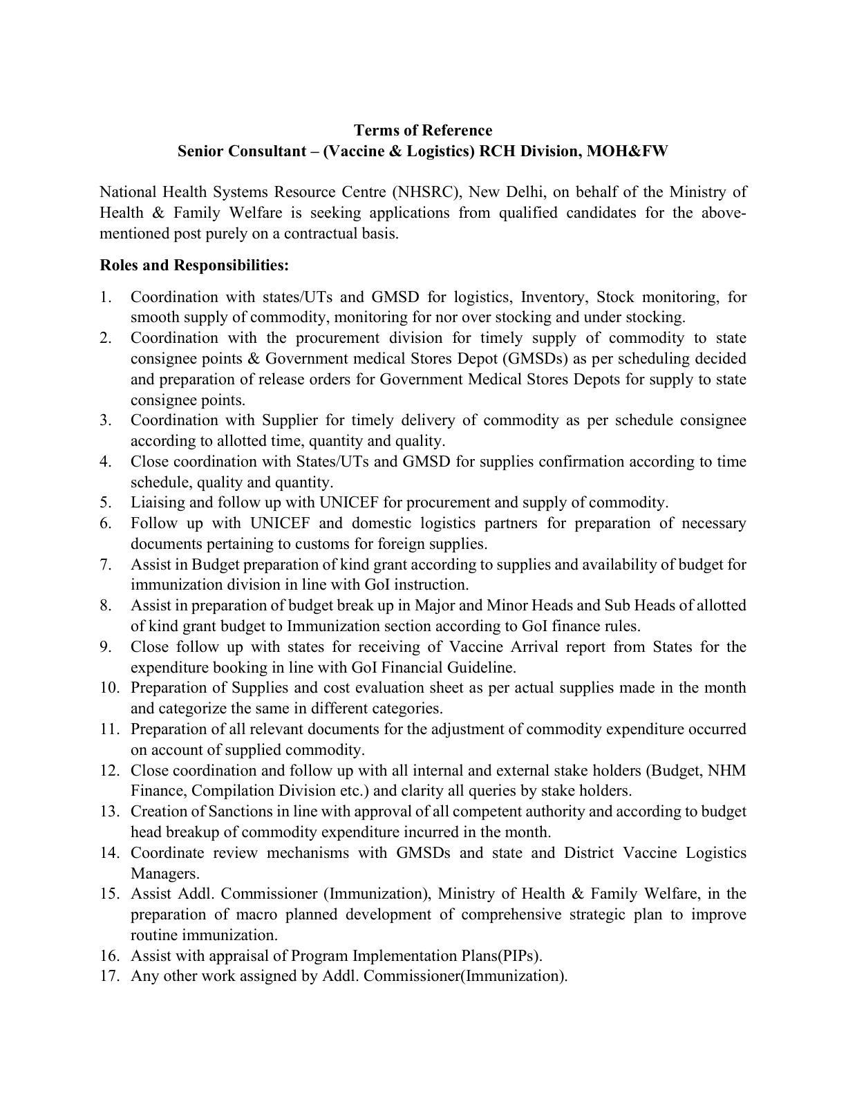 Official Recruitment Notification for NHSRC Senior Consultant Recruitment 2026 - Apply Online