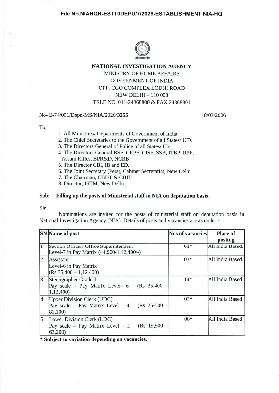 Official Recruitment Notification for NIA Ministerial Staff Recruitment 2026 - Apply Offline for 29 LDC, UDC and More Posts