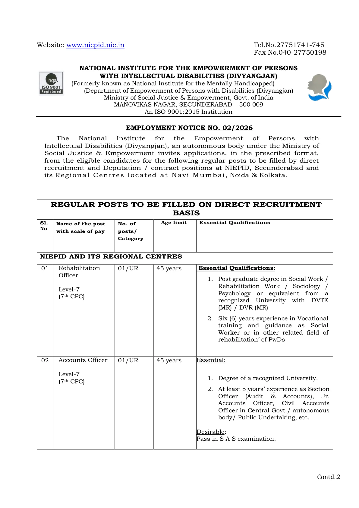 Official Recruitment Notification for NIEPID Recruitment 2026 - Apply Offline for Accounts Officer, Driver and More Posts