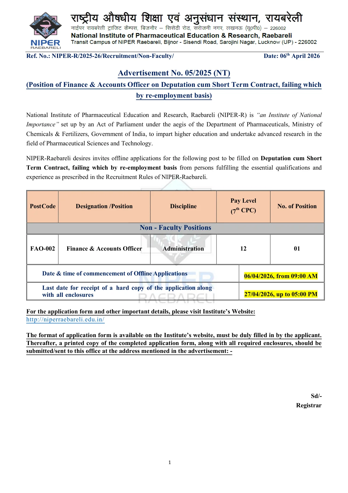 Official Recruitment Notification for NIPER Raebareli Finance & Accounts Officer Recruitment 2026 - Apply Offline