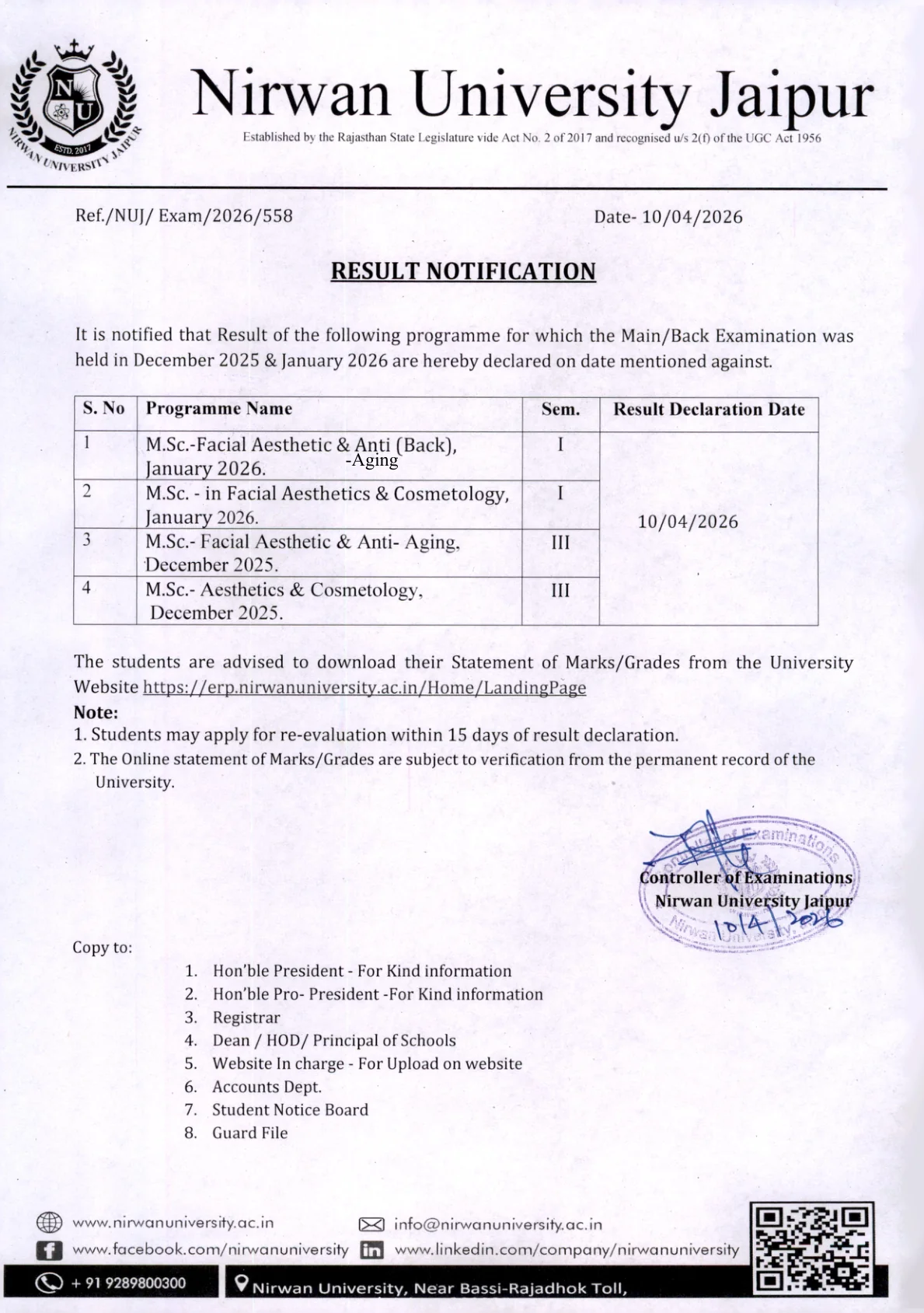 Official Result Link for Nirwan University M.Sc Result 2026 Out - Check Sem 1 and Sem 3 Facial Aesthetic and Cosmetology Result Online at nirwanuniversity.ac.in
