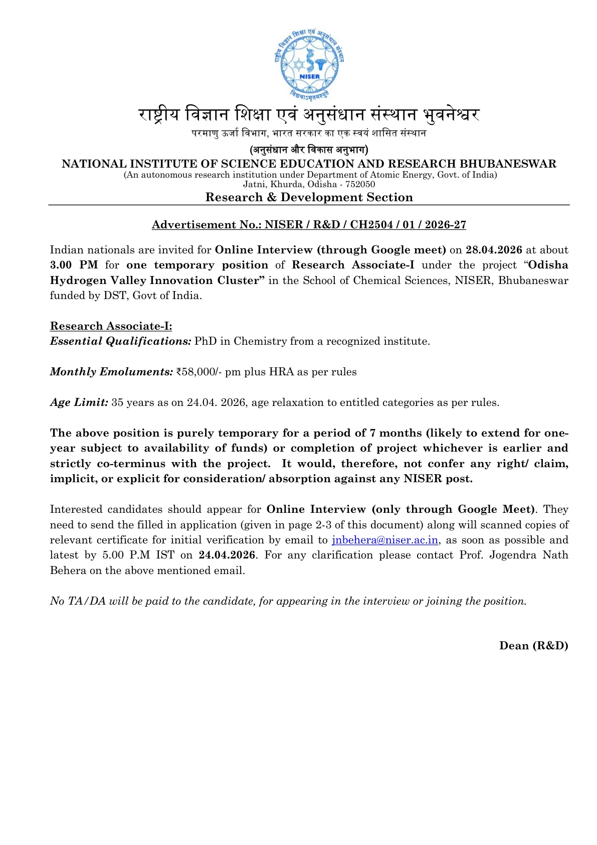 Official Recruitment Notification for NISER Research Associate-I Recruitment 2026 - Apply Offline