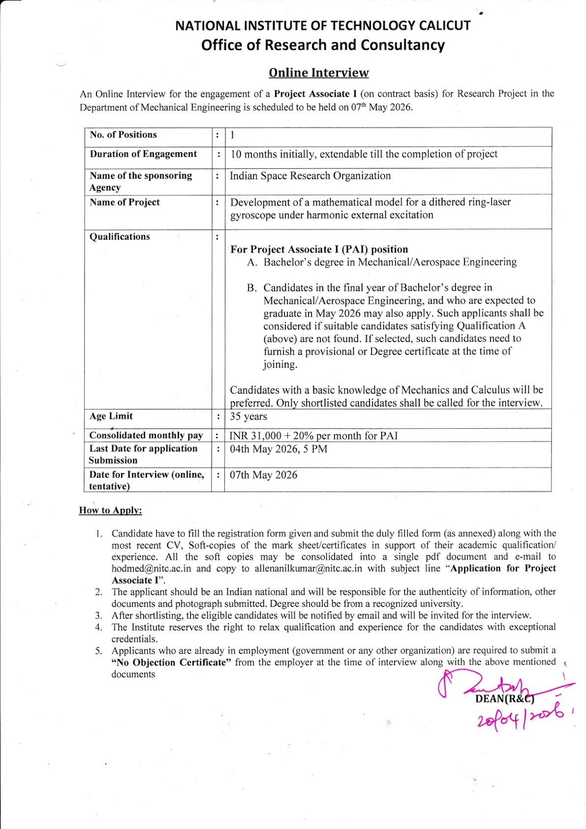 Official Recruitment Notification for NIT Calicut Project Associate I Recruitment 2026: Eligibility, Salary, Last Date and How to Apply