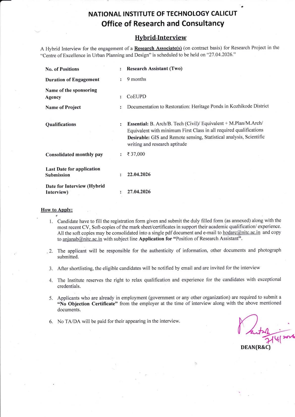 Official Recruitment Notification for NIT Calicut Research Assistant Recruitment 2026