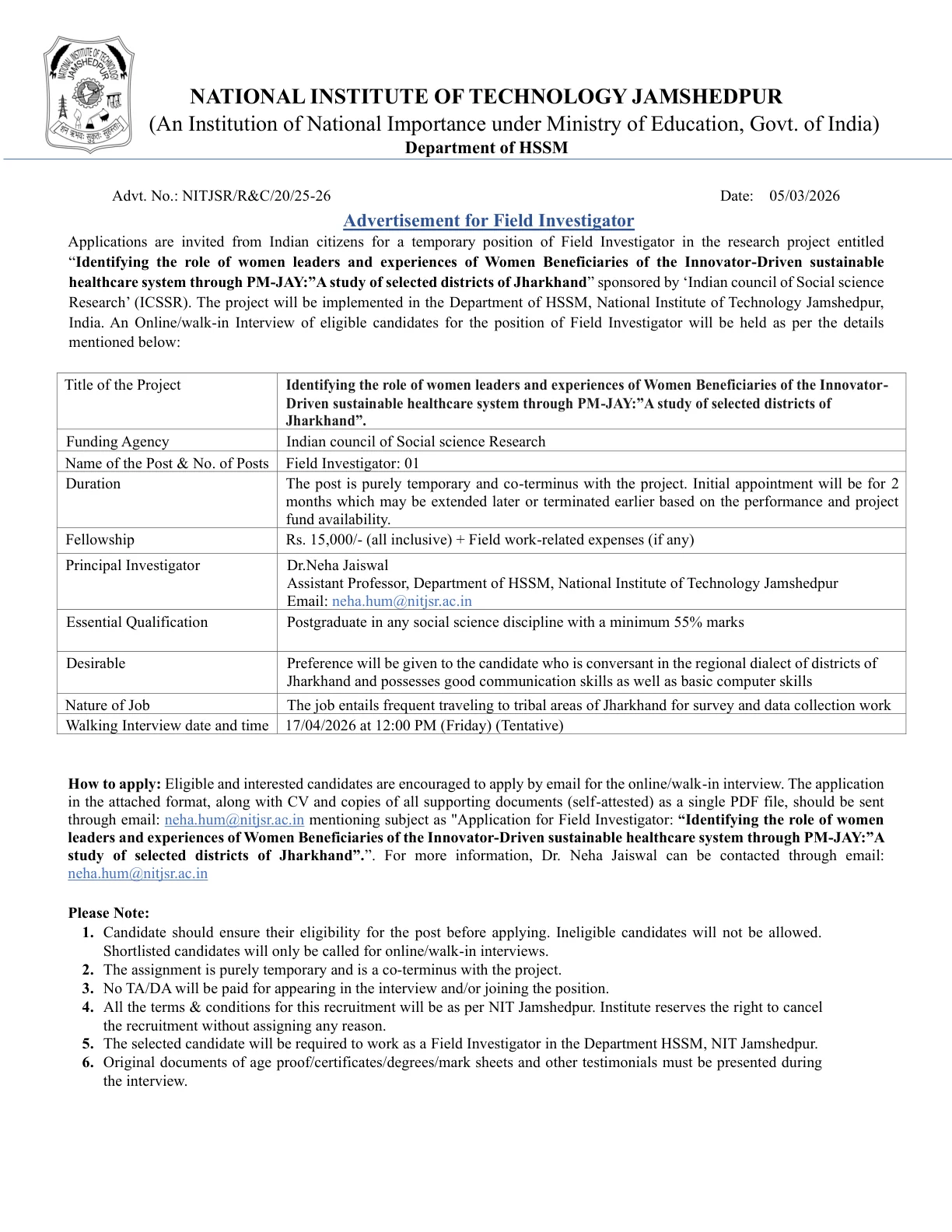 Official Recruitment Notification for NIT Jamshedpur Field Investigator Recruitment 2026 - Walkin