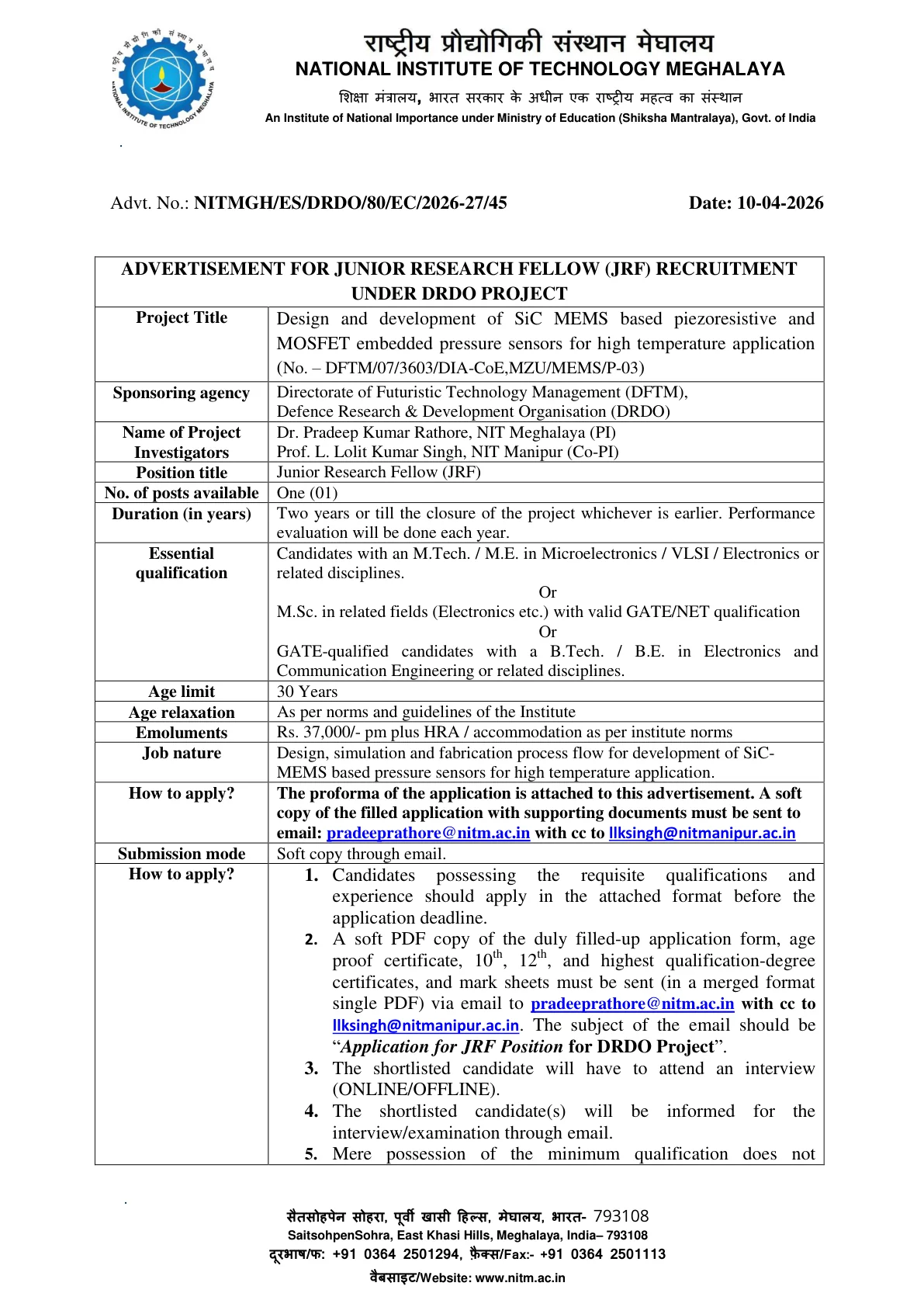 Official Recruitment Notification for NIT Meghalaya Junior Research Fellow Recruitment 2026 - Apply Online