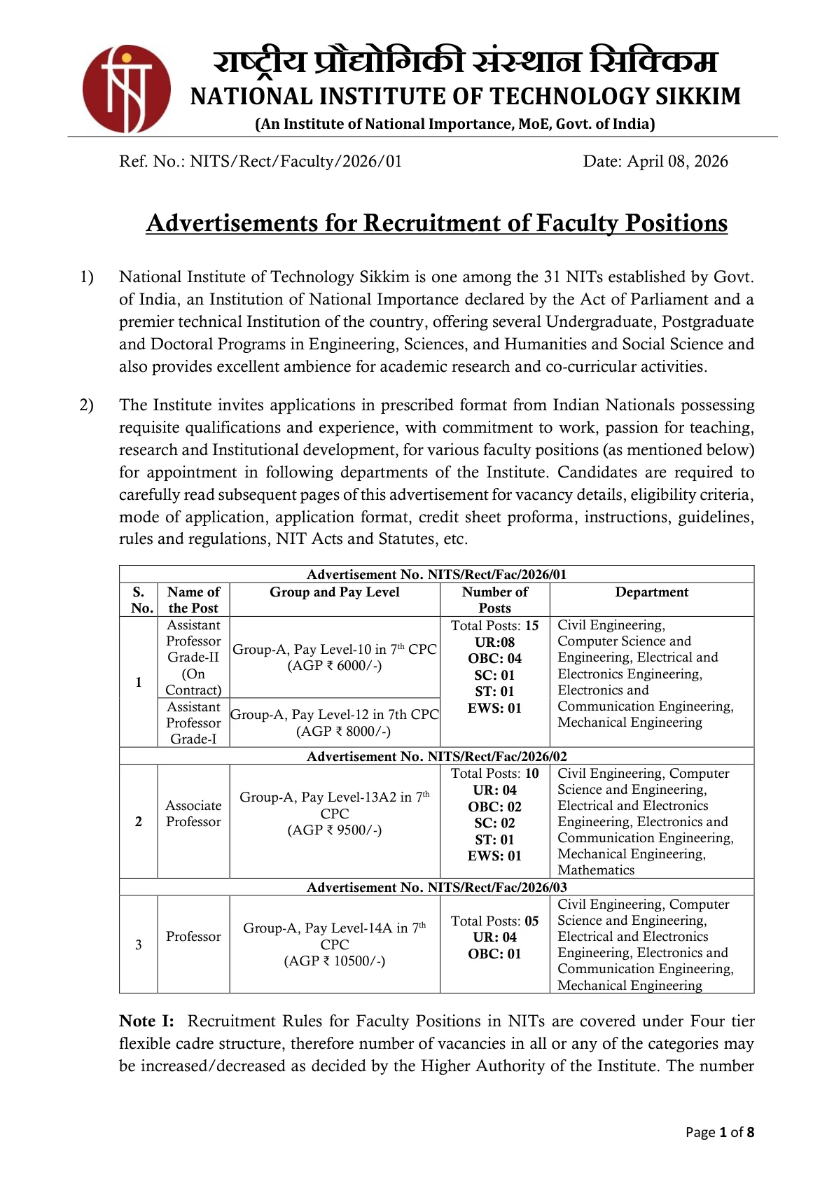 Official Recruitment Notification for NIT Sikkim Faculty Recruitment 2026 - Apply Offline for 30 Professor, Associate Professor and Assistant Professor Posts