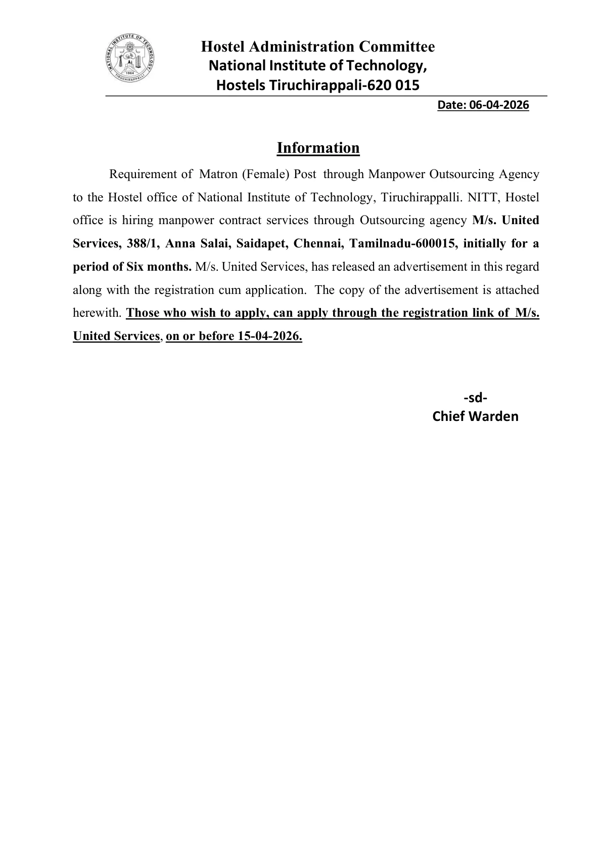Official Recruitment Notification for NIT Tiruchirappalli Matron Recruitment 2026 - Apply Online
