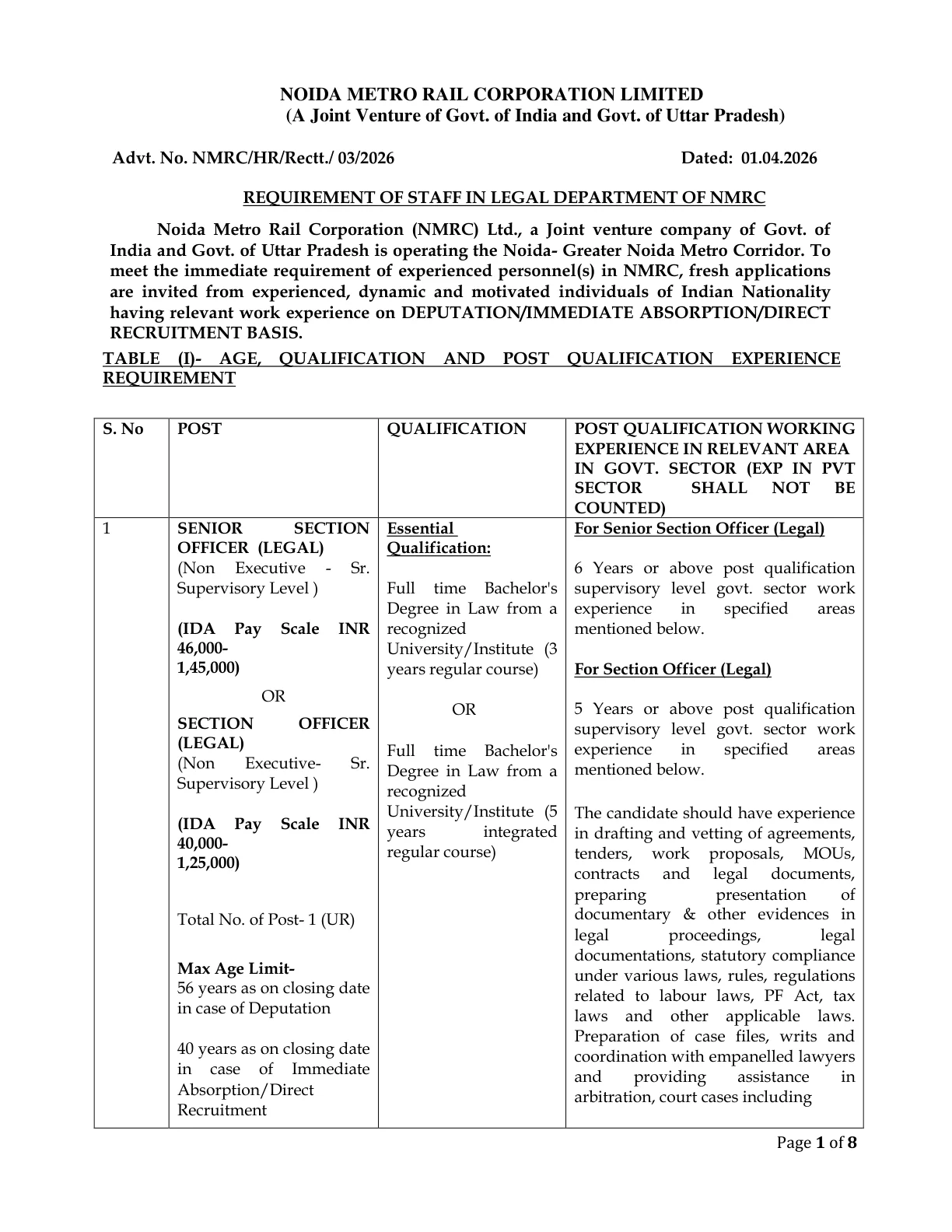 Official Recruitment Notification for NMRC Senior Section Officer (Legal) / Section Officer (Legal) Recruitment 2026 - Apply Offline for 1 Post