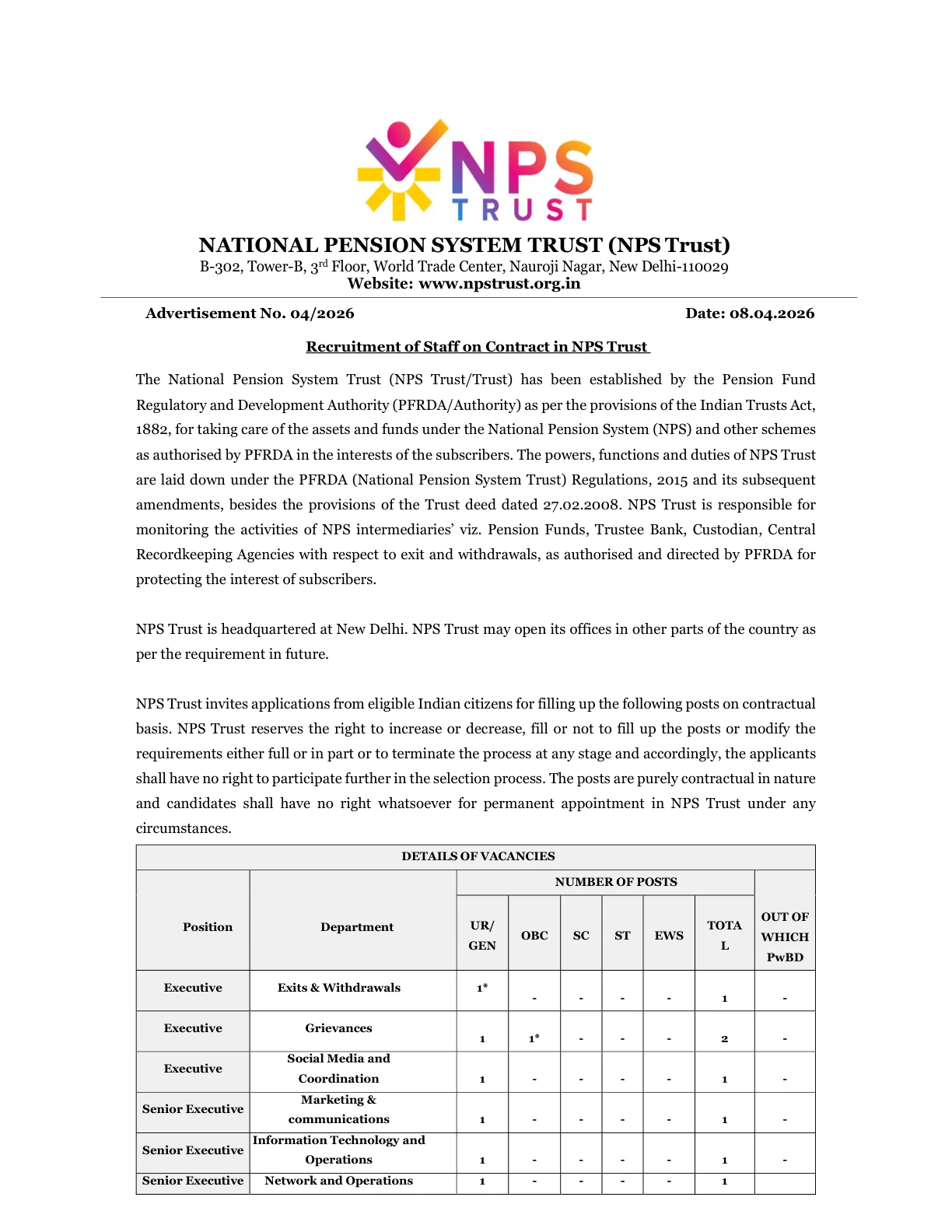 Official Recruitment Notification for NPS Trust Staff Recruitment 2026 - Apply Online for 15 Executive, Senior Executive and More Posts