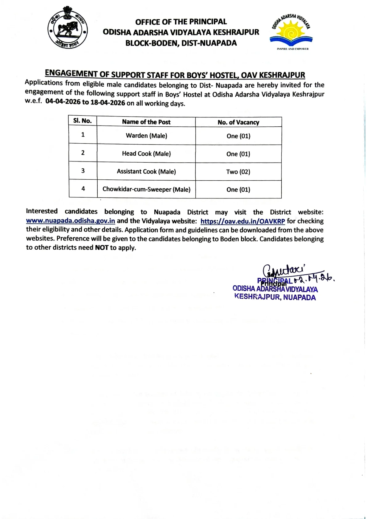 Official Recruitment Notification for OAV Keshrajpur Support Staff Recruitment 2026 - Apply Offline for Warden, Head Cook and More Posts