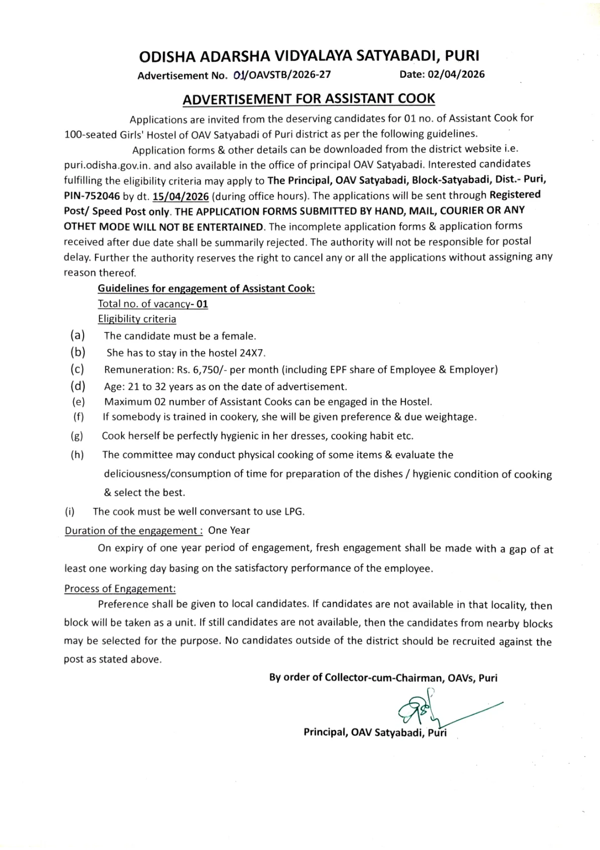 Official Recruitment Notification for OAV Satyabadi Assistant Cook Recruitment 2026 - Apply Offline
