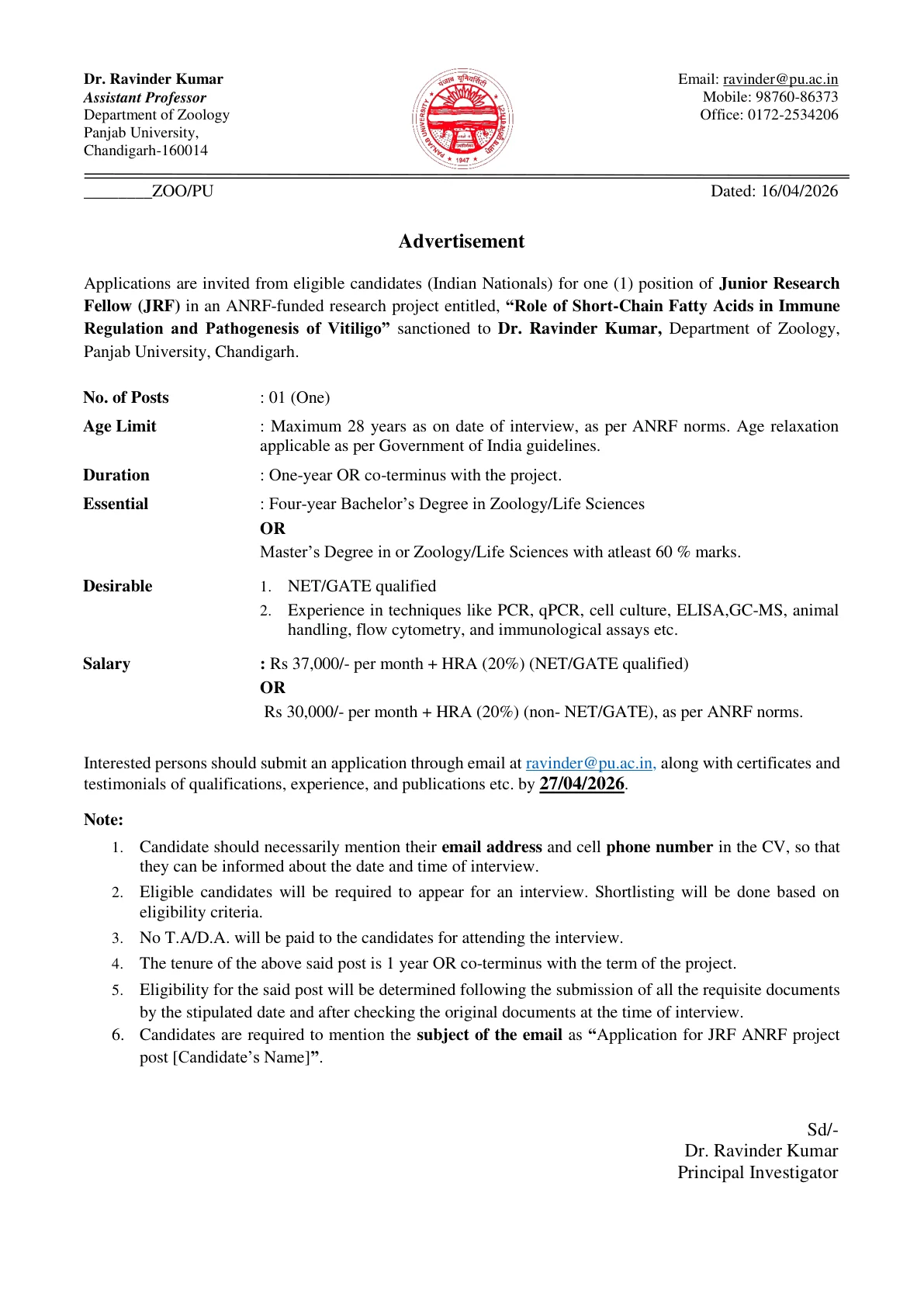 Official Recruitment Notification for Panjab University Junior Research Fellow Recruitment 2026: Eligibility, Salary, Last Date and Email Application Process