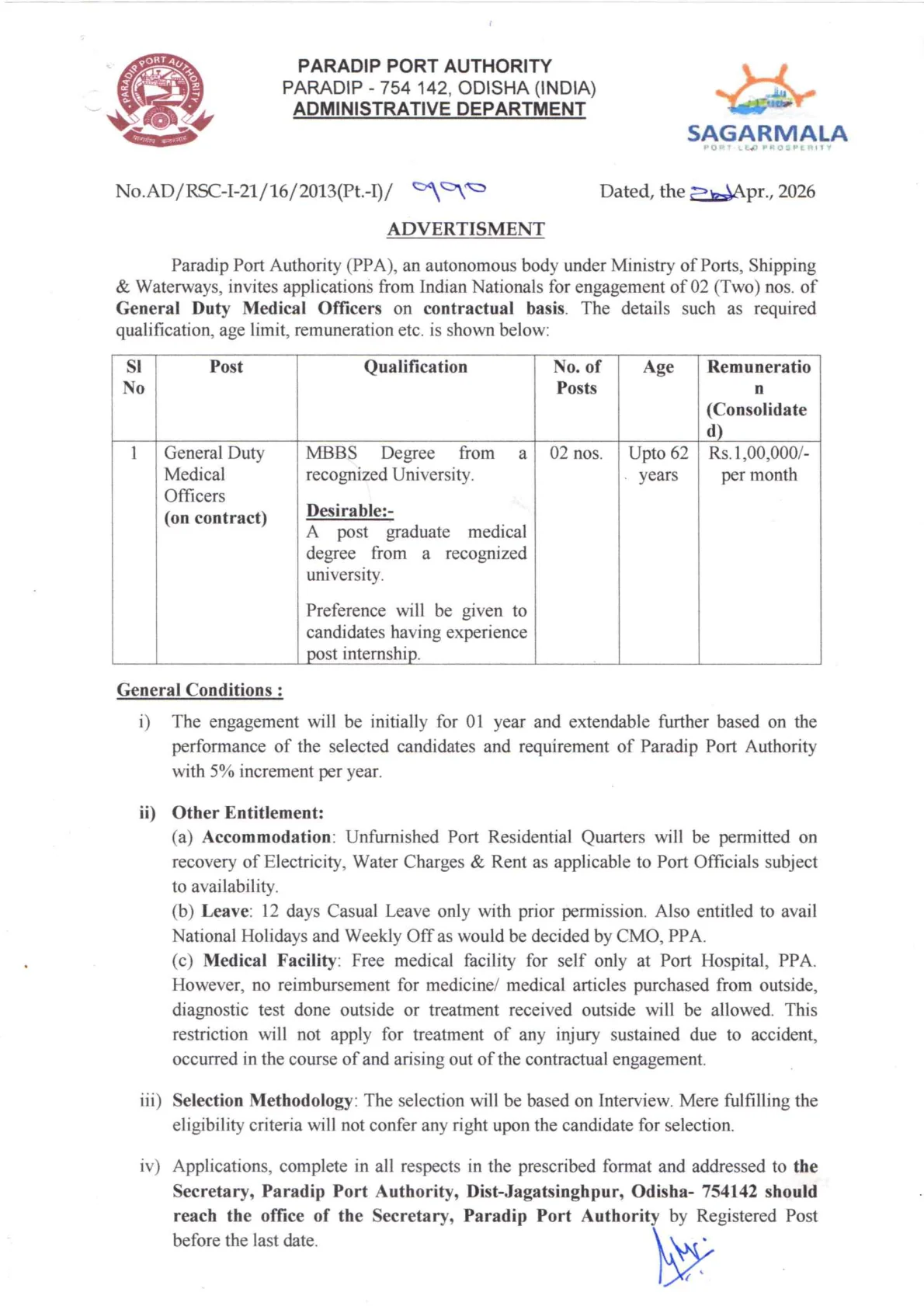 Official Recruitment Notification for Paradip Port Authority General Duty Medical Officers Recruitment 2026 - Apply Offline for 2 Posts