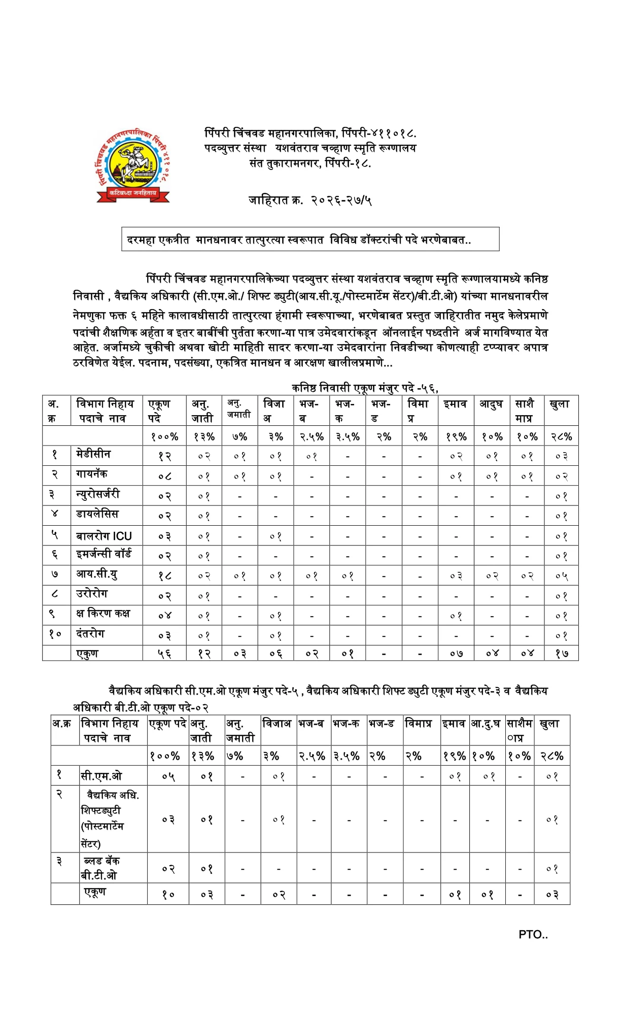 Official Recruitment Notification for PCMC Recruitment 2026 - Apply Online for 66 Junior Resident, Medical Officer Posts