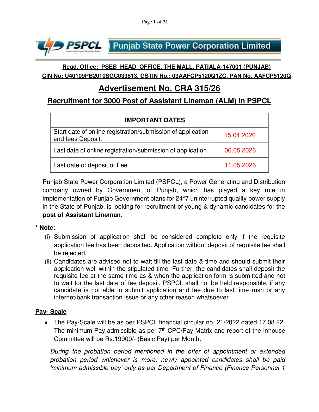 Official Recruitment Notification for PSPCL ALM Recruitment 2026 - Apply Online for 3000 Assistant Lineman Posts