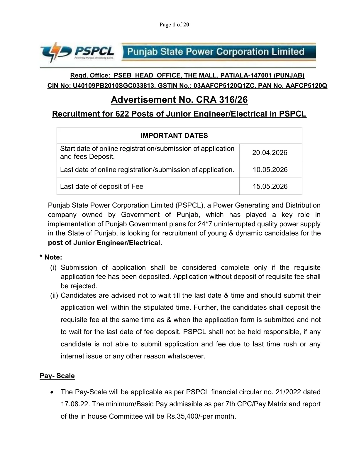 Official Recruitment Notification for PSPCL JE Recruitment 2026 - Apply Online for 622 Junior Engineer Posts