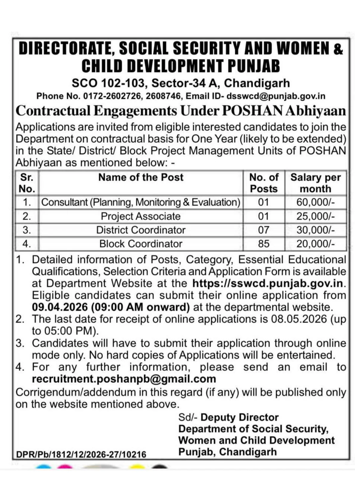 Official Recruitment Notification for Punjab Anganwadi Recruitment 2026 - Apply Online for 94 Block Coordinator, Project Associate and More Posts