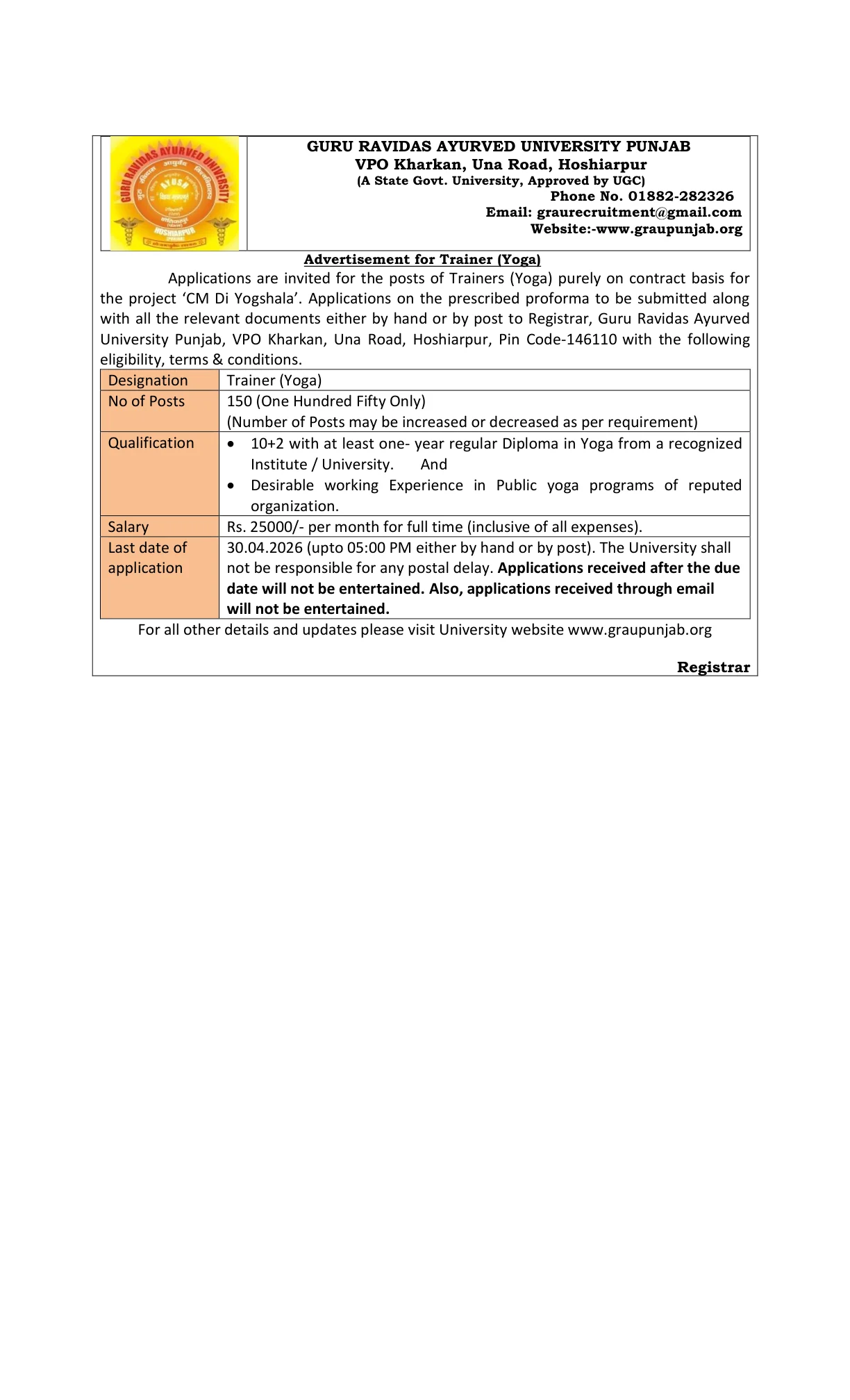 Official Recruitment Notification for Punjab Yoga Trainer Recruitment 2026 - Apply Offline for 150 Posts