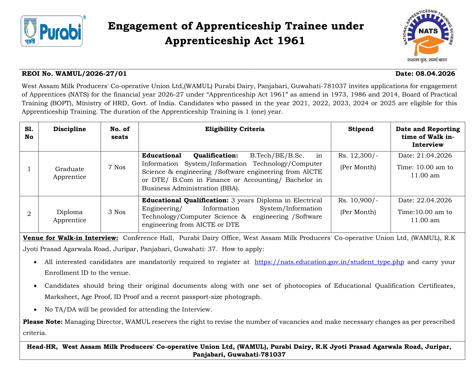 Official Recruitment Notification for Purabi WAMUL Apprentices Recruitment 2026 - Walkin for 10 Graduate, Diploma Apprentices Posts